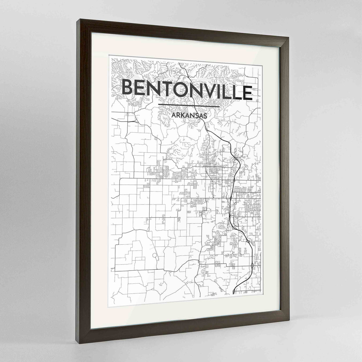 Framed Bentonville Map Art Print 24x36&quot; Contemporary Walnut frame Point Two Design Group