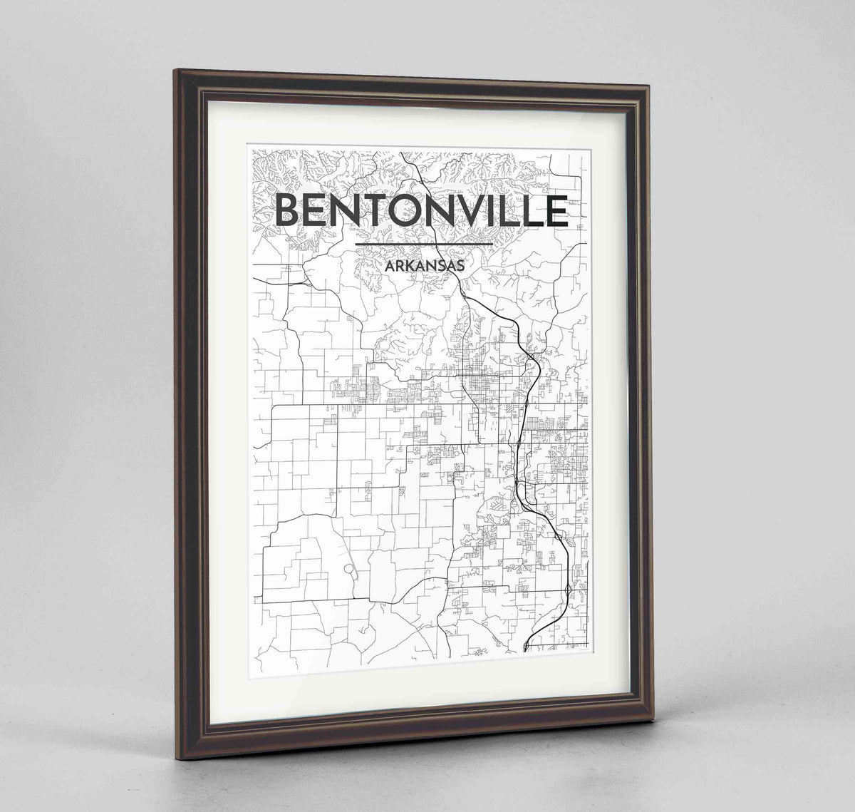 Framed Bentonville Map Art Print 24x36&quot; Traditional Walnut frame Point Two Design Group