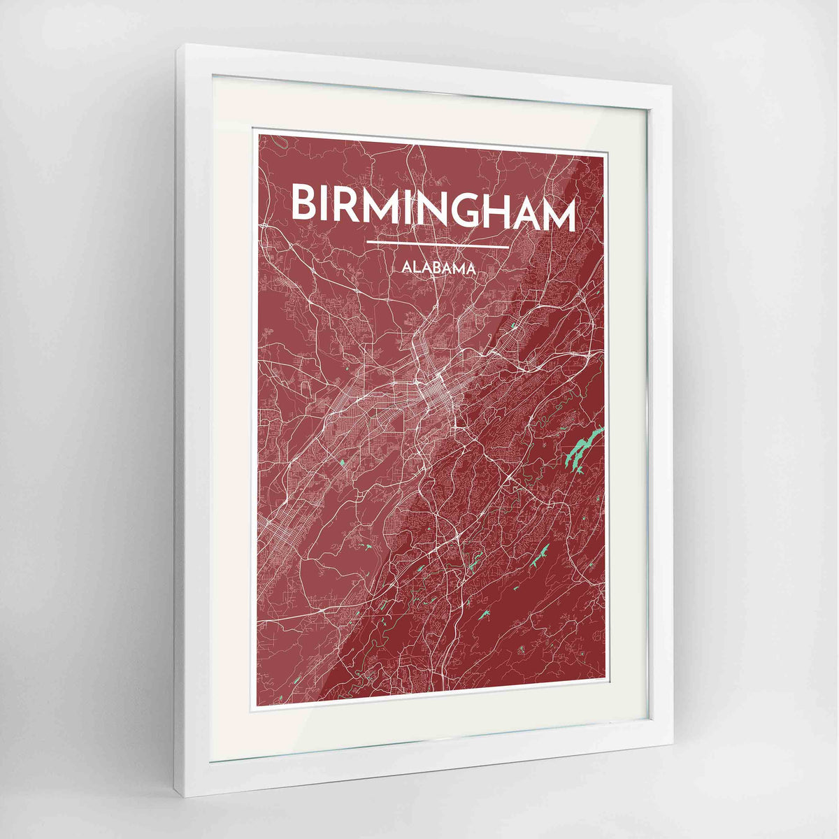 Framed Birmingham - Alabama Map Art Print 24x36&quot; Contemporary White frame Point Two Design Group