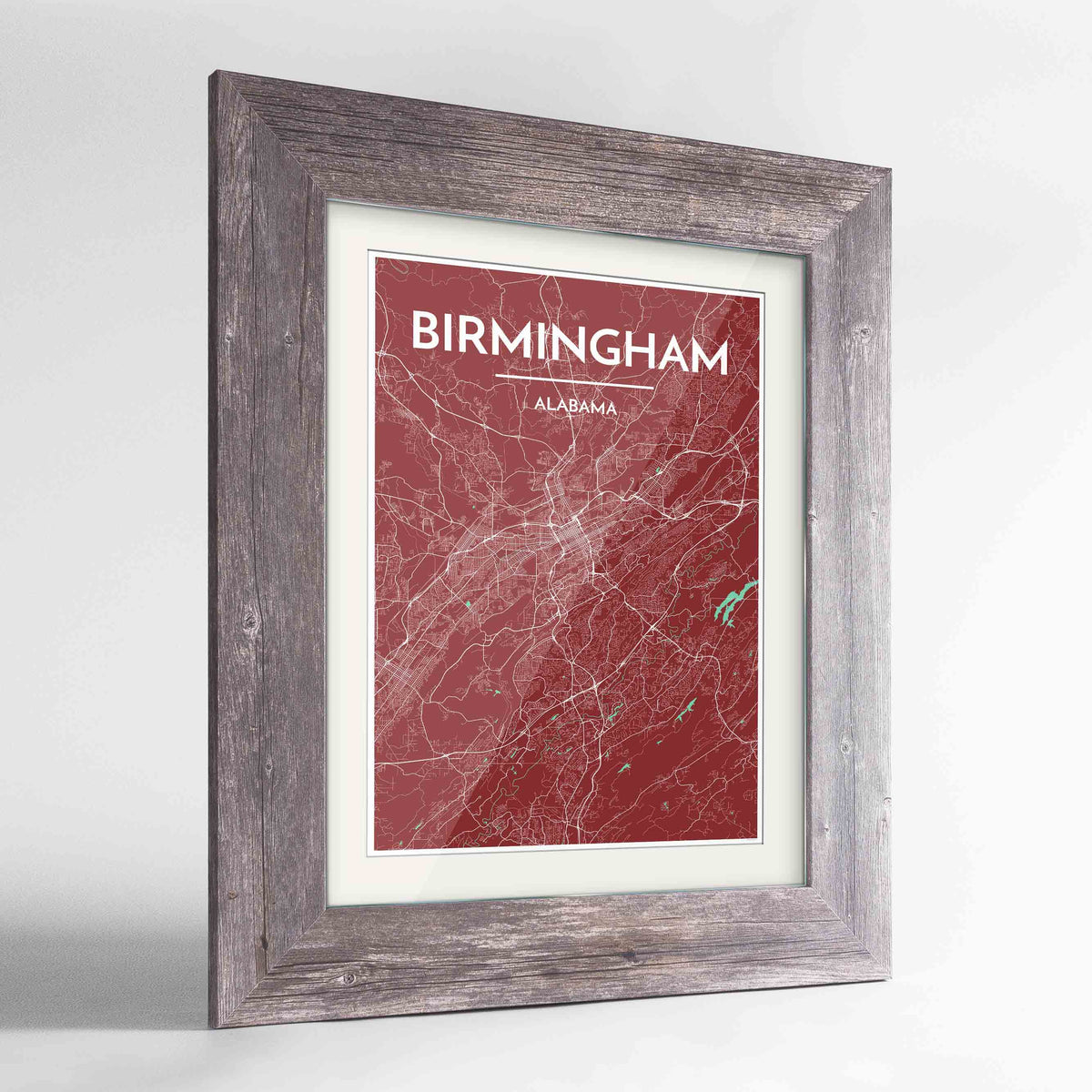 Framed Birmingham - Alabama Map Art Print 24x36&quot; Western Grey frame Point Two Design Group