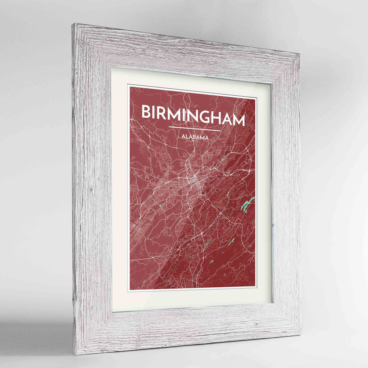 Framed Birmingham - Alabama Map Art Print 24x36&quot; Western White frame Point Two Design Group