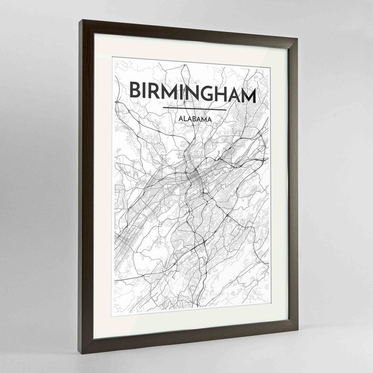 Framed Birmingham - Alabama Map Art Print 24x36&quot; Contemporary Walnut frame Point Two Design Group