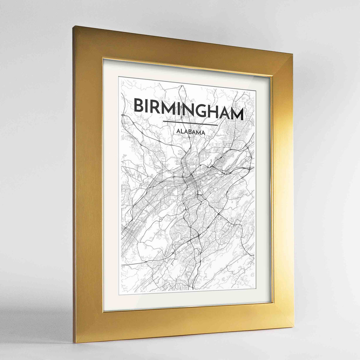 Framed Birmingham - Alabama Map Art Print 24x36&quot; Gold frame Point Two Design Group