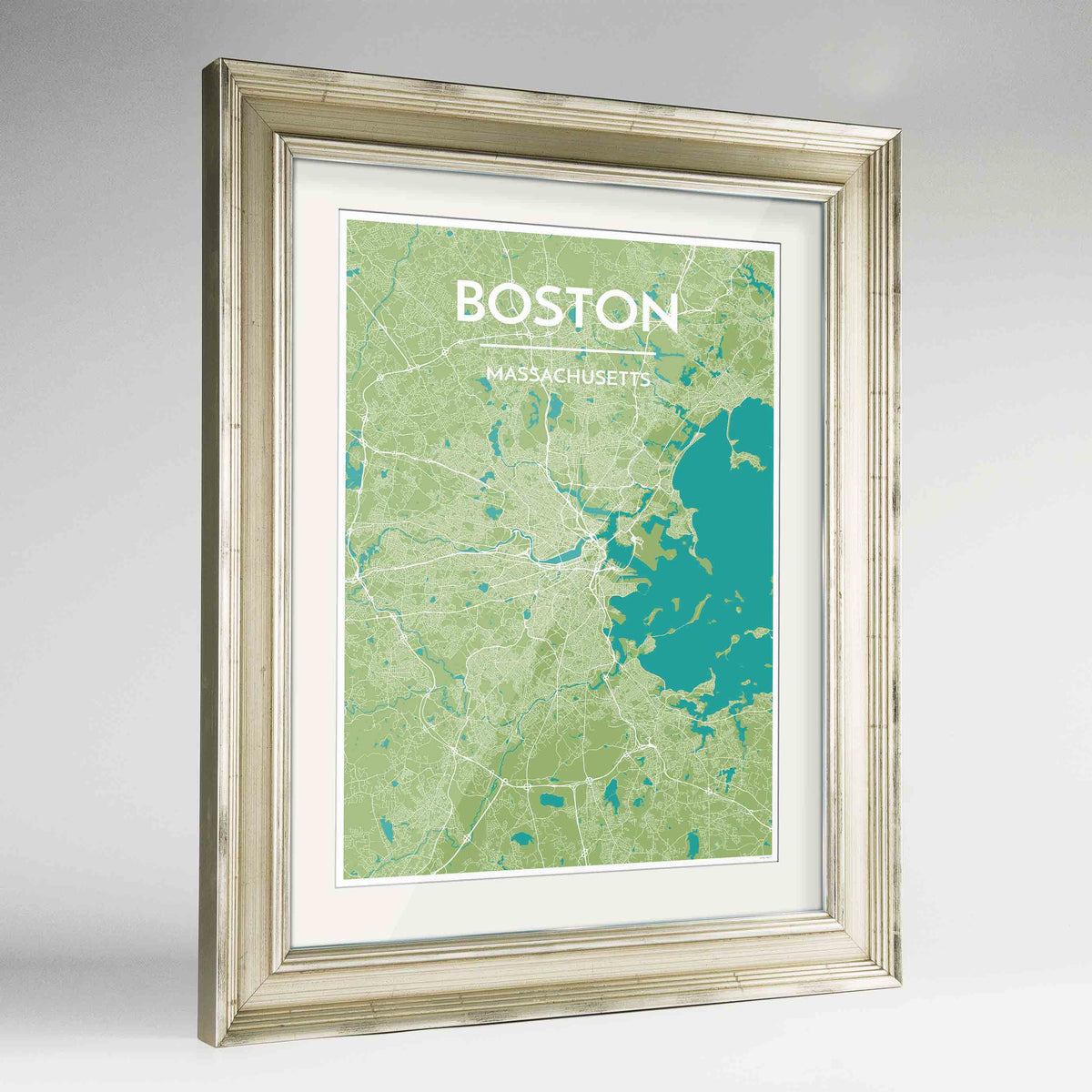 Framed Boston Map Art Print 24x36&quot; Champagne frame Point Two Design Group