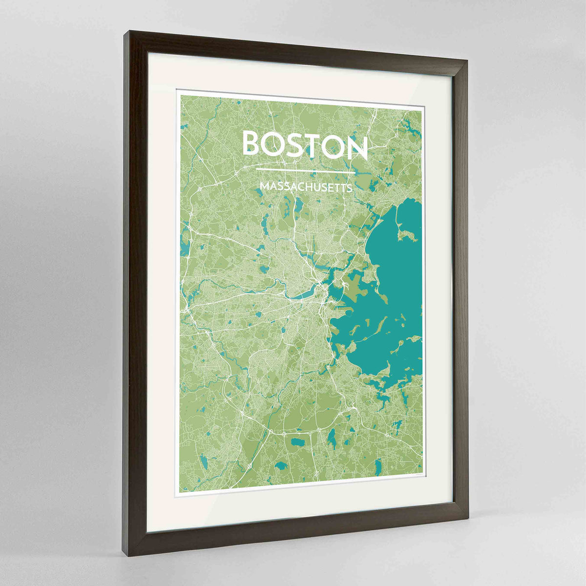 Framed Boston Map Art Print 24x36&quot; Contemporary Walnut frame Point Two Design Group