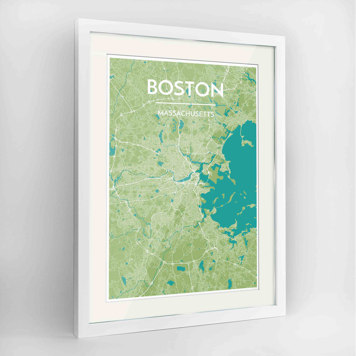 Framed Boston Map Art Print 24x36&quot; Contemporary White frame Point Two Design Group