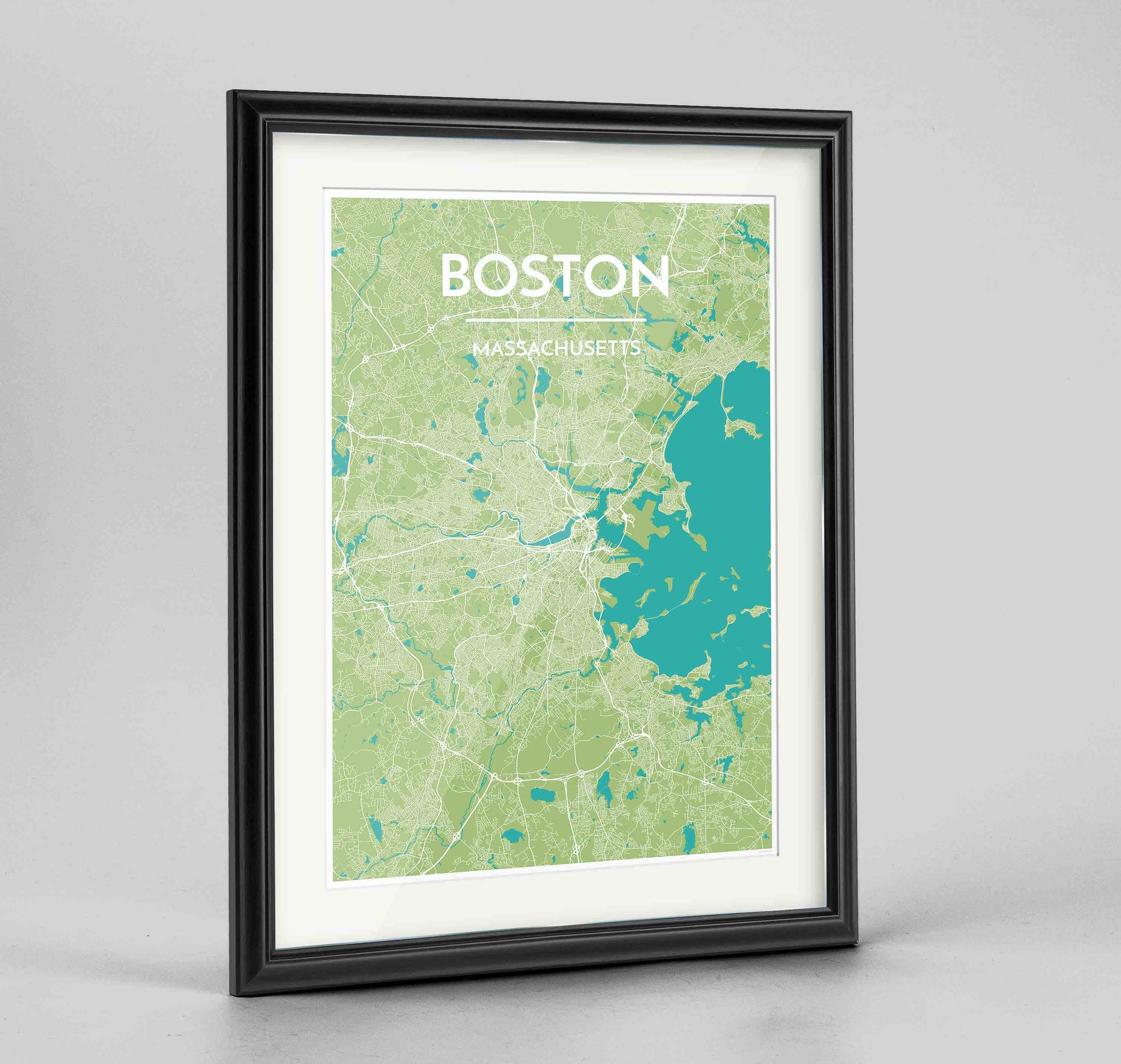 Framed Boston Map Art Print 24x36" Traditional Black frame Point Two Design Group