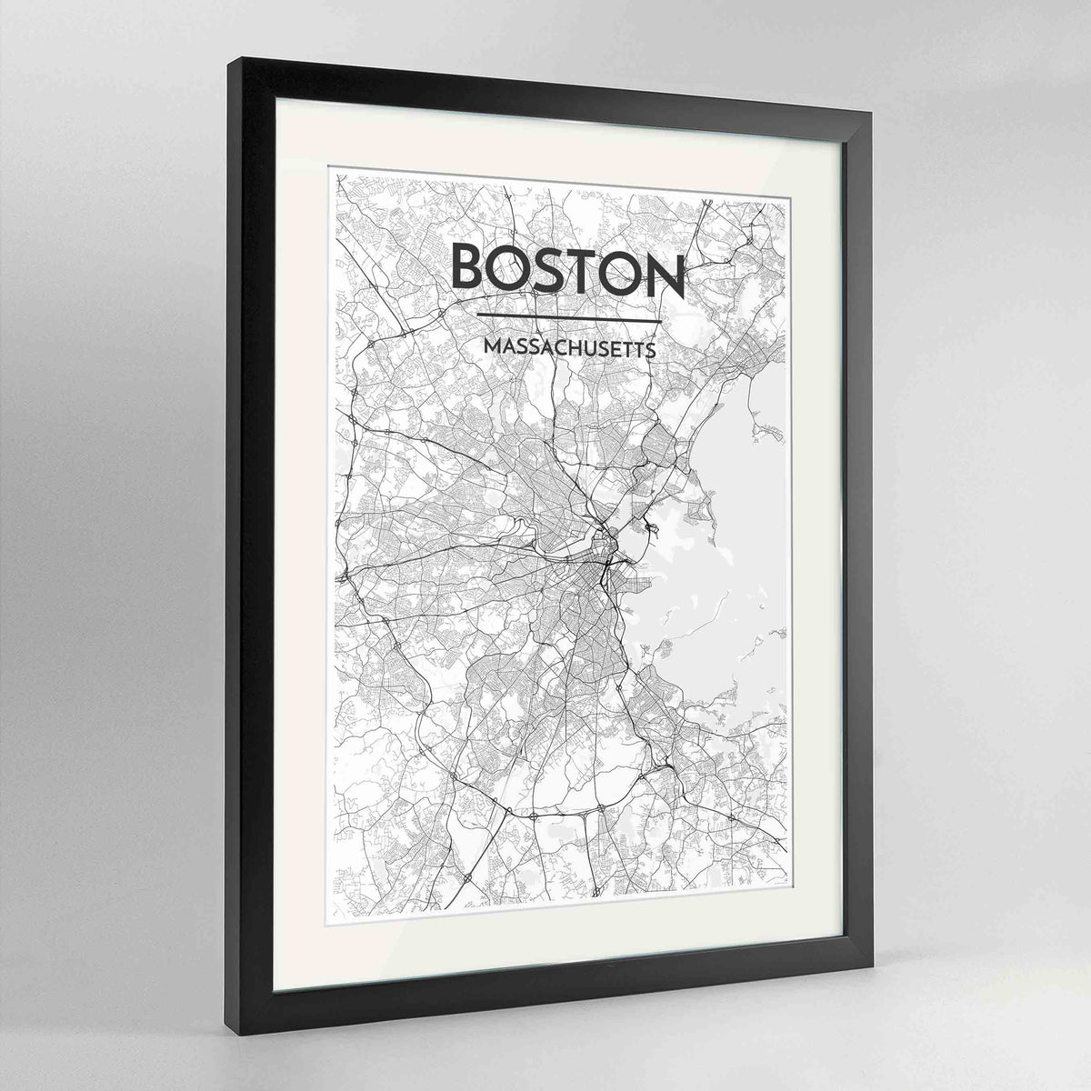 Framed Boston Map Art Print 24x36&quot; Contemporary Black frame Point Two Design Group