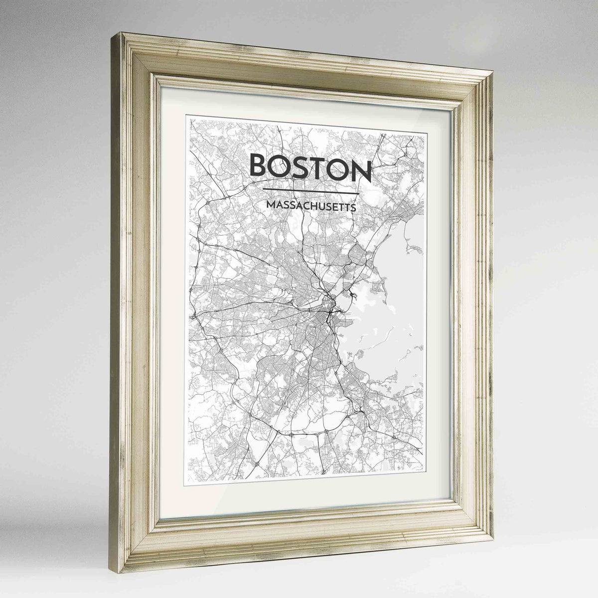 Framed Boston Map Art Print 24x36&quot; Champagne frame Point Two Design Group