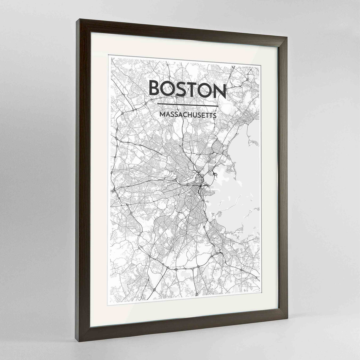 Framed Boston Map Art Print 24x36&quot; Contemporary Walnut frame Point Two Design Group
