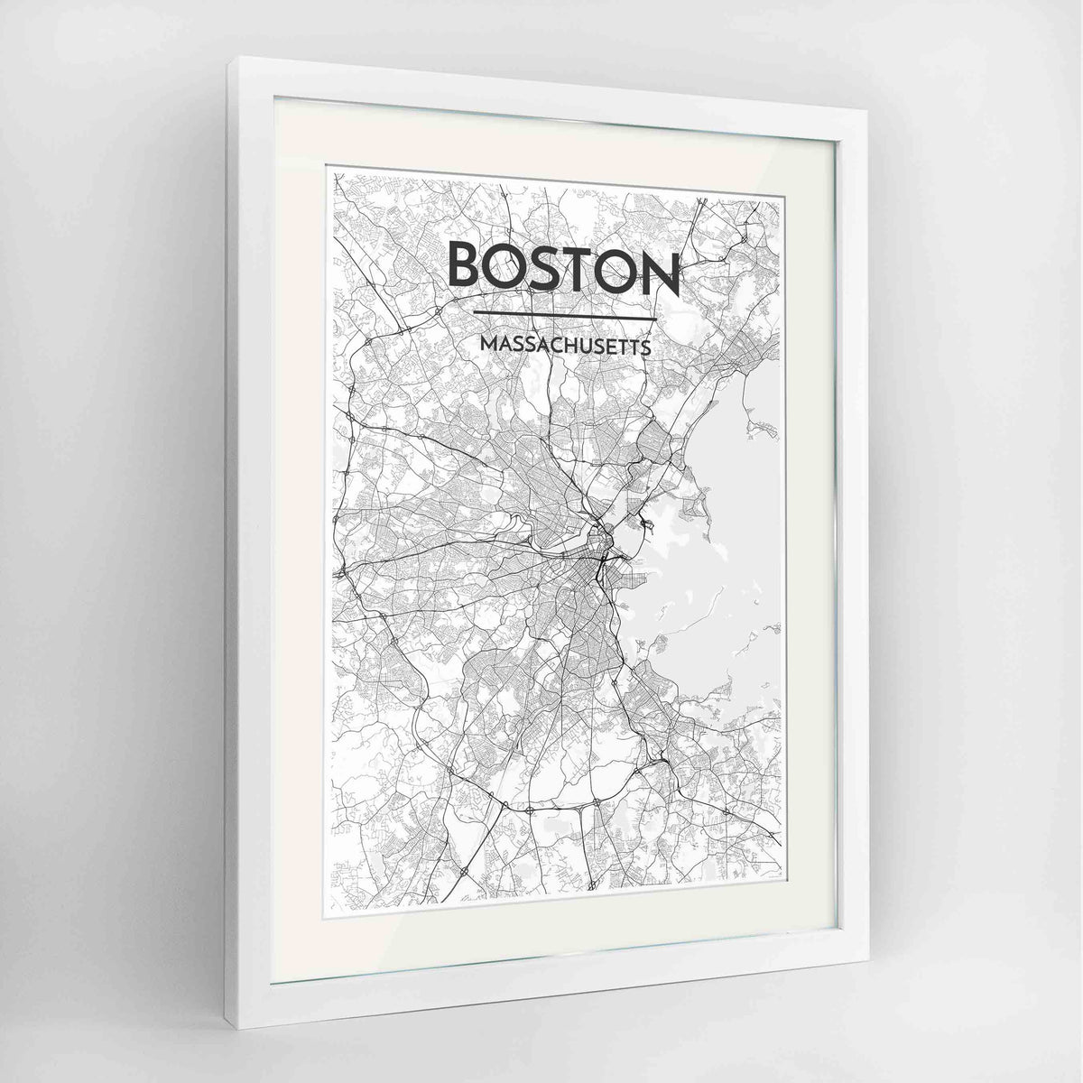Framed Boston Map Art Print 24x36&quot; Contemporary White frame Point Two Design Group
