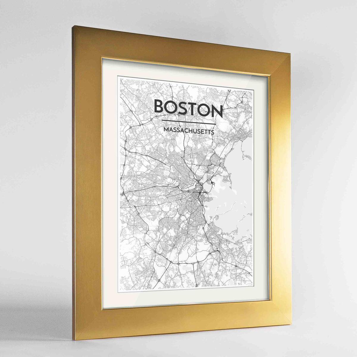 Framed Boston Map Art Print 24x36&quot; Gold frame Point Two Design Group
