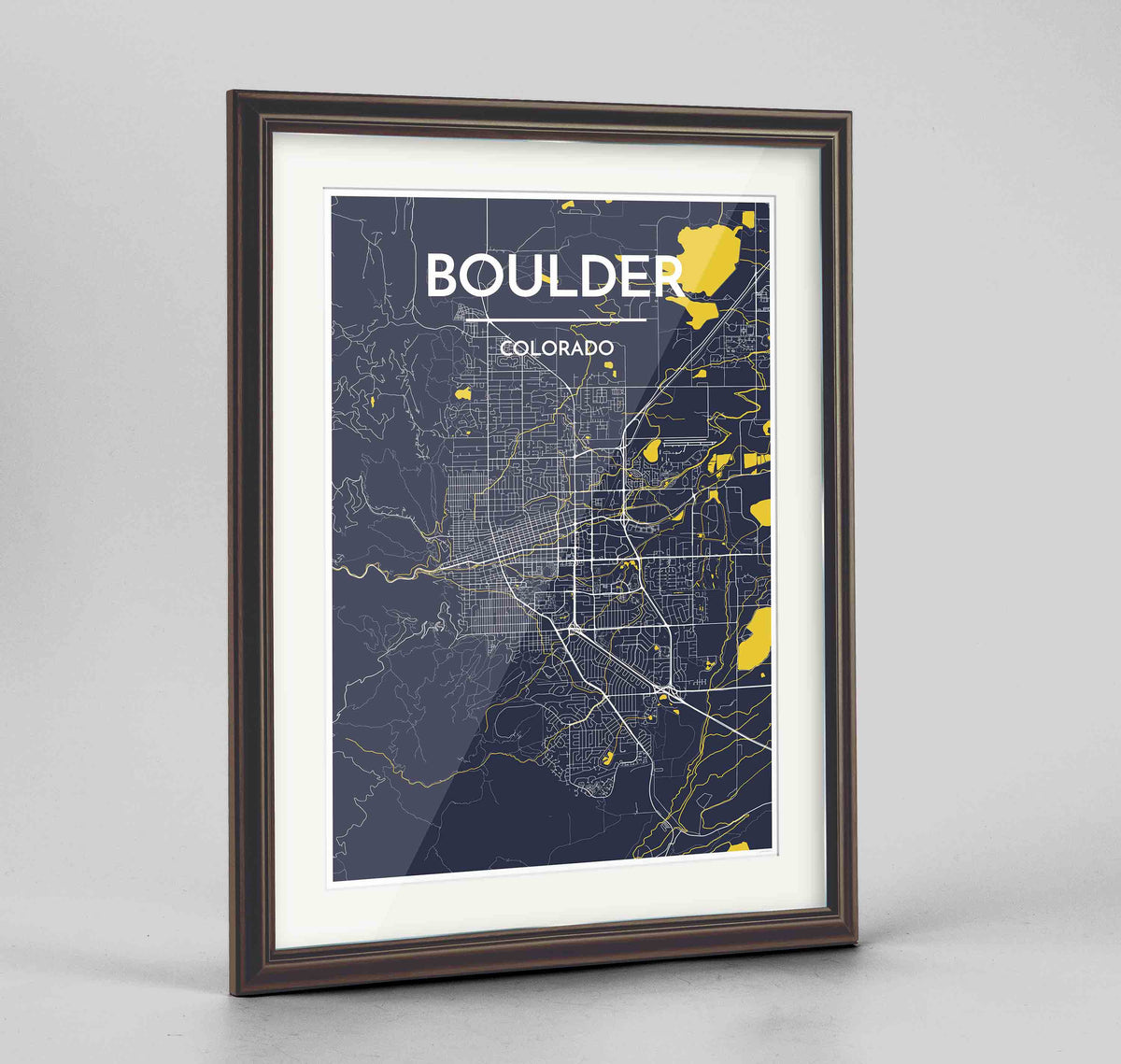 Framed Boulder Map Art Print 24x36&quot; Traditional Walnut frame Point Two Design Group