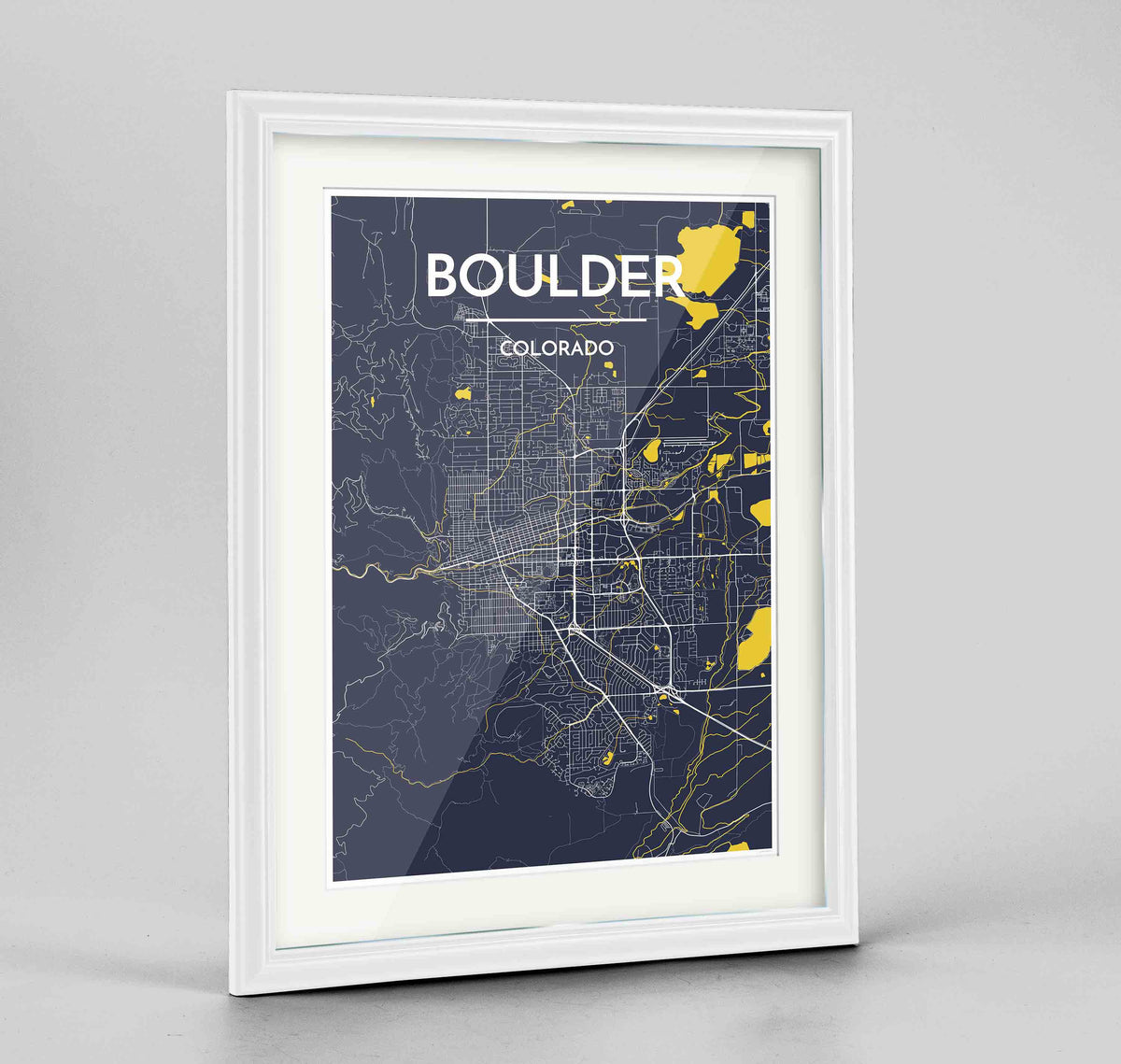 Framed Boulder Map Art Print 24x36&quot; Traditional White frame Point Two Design Group