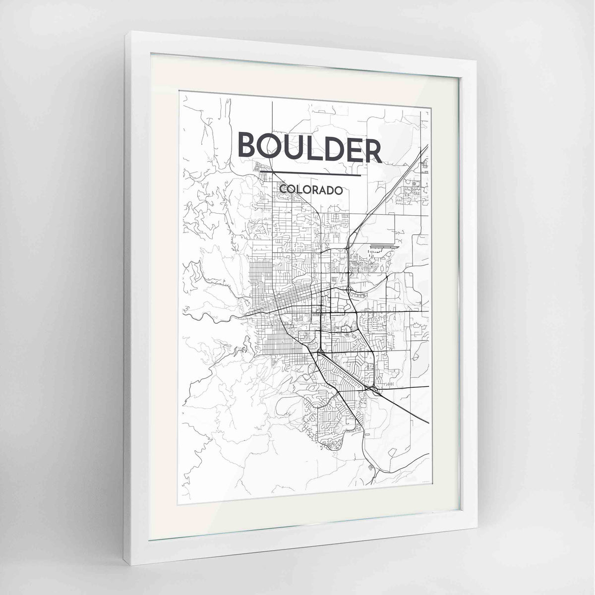 Framed Boulder Map Art Print 24x36&quot; Contemporary White frame Point Two Design Group