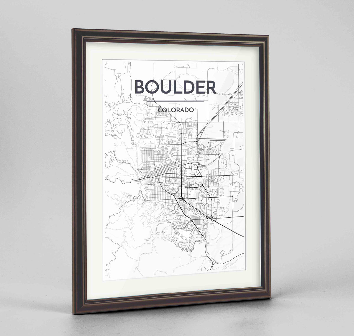 Framed Boulder Map Art Print 24x36&quot; Traditional Walnut frame Point Two Design Group