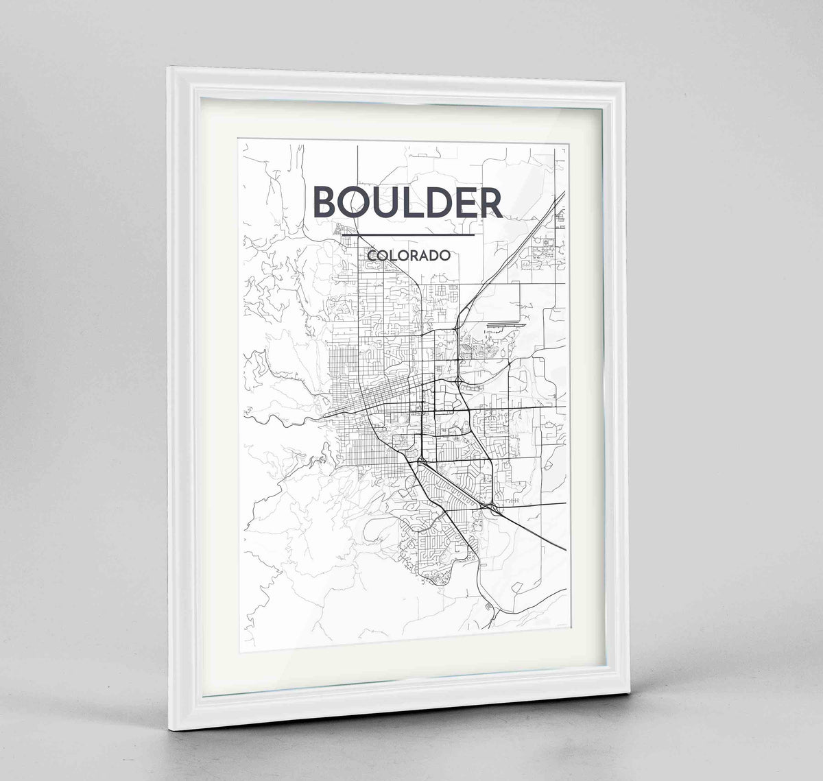 Framed Boulder Map Art Print 24x36&quot; Traditional White frame Point Two Design Group