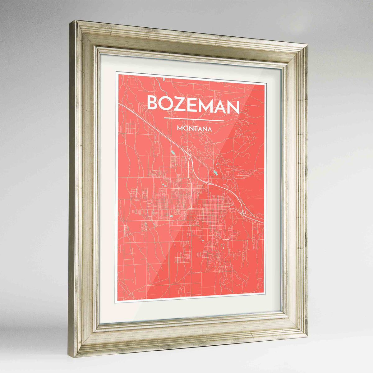 Framed Bozeman Map Art Print 24x36&quot; Champagne frame Point Two Design Group