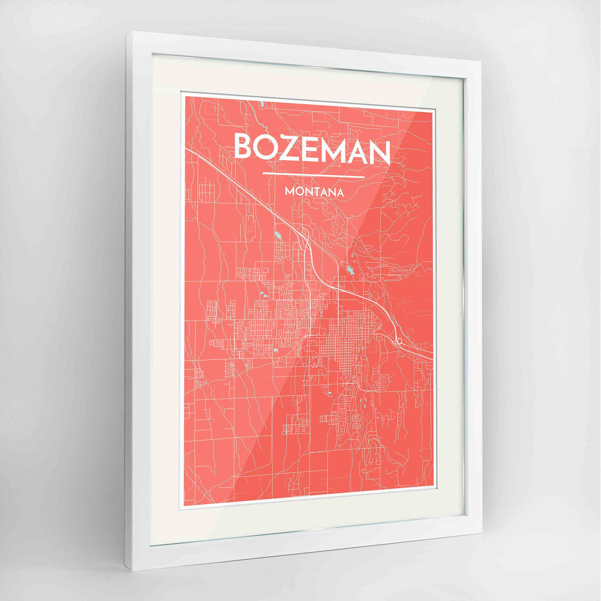 Framed Bozeman Map Art Print 24x36&quot; Contemporary White frame Point Two Design Group