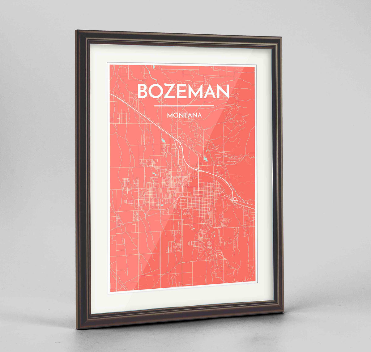 Framed Bozeman Map Art Print 24x36&quot; Traditional Walnut frame Point Two Design Group