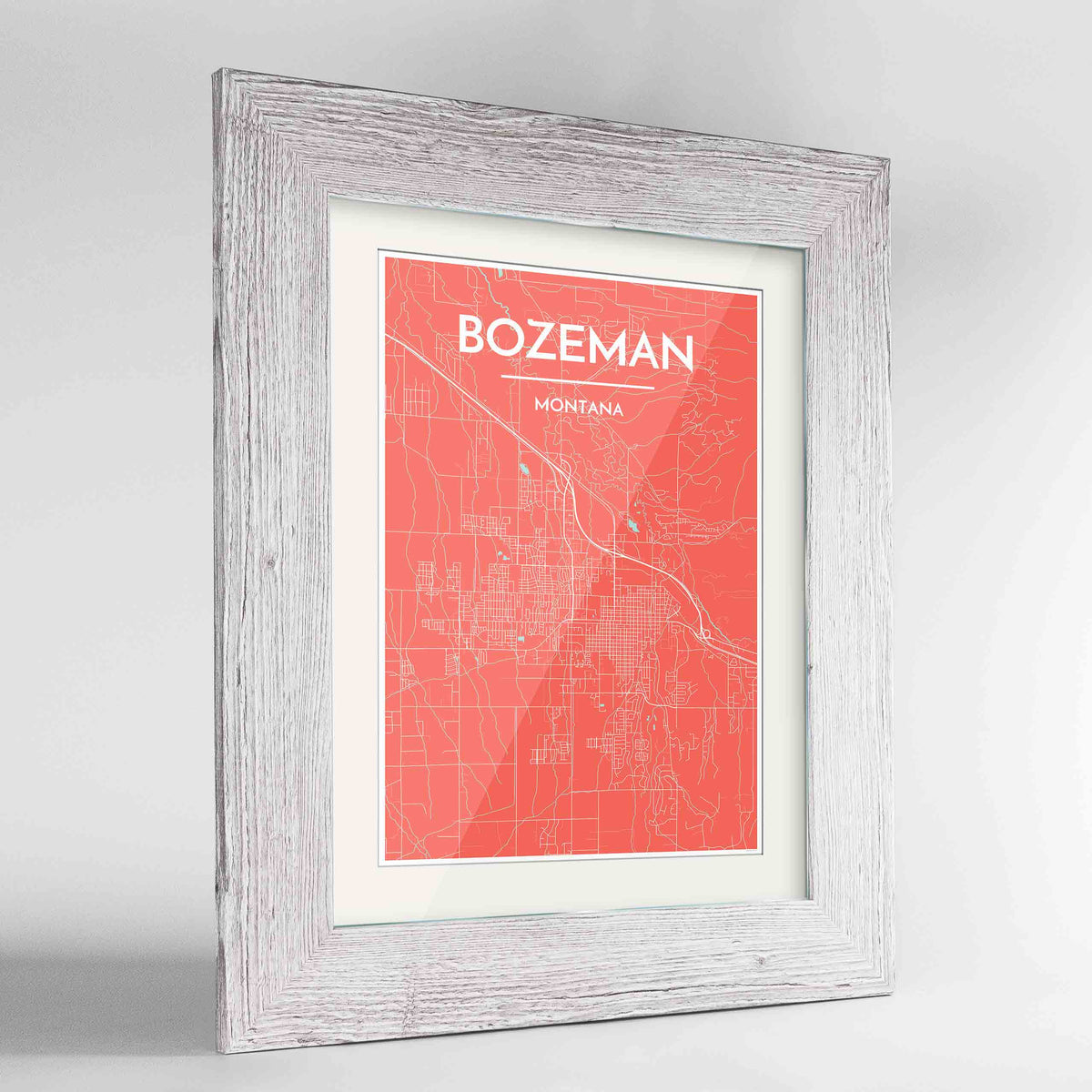 Framed Bozeman Map Art Print 24x36&quot; Western White frame Point Two Design Group
