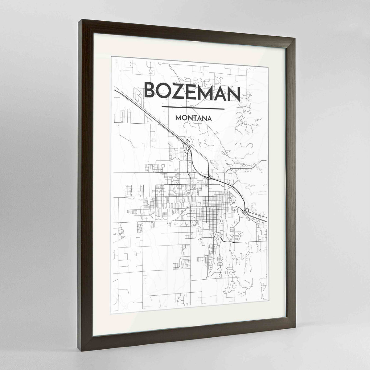 Framed Bozeman Map Art Print 24x36&quot; Contemporary Walnut frame Point Two Design Group