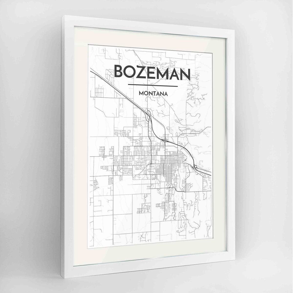 Framed Bozeman Map Art Print 24x36&quot; Contemporary White frame Point Two Design Group