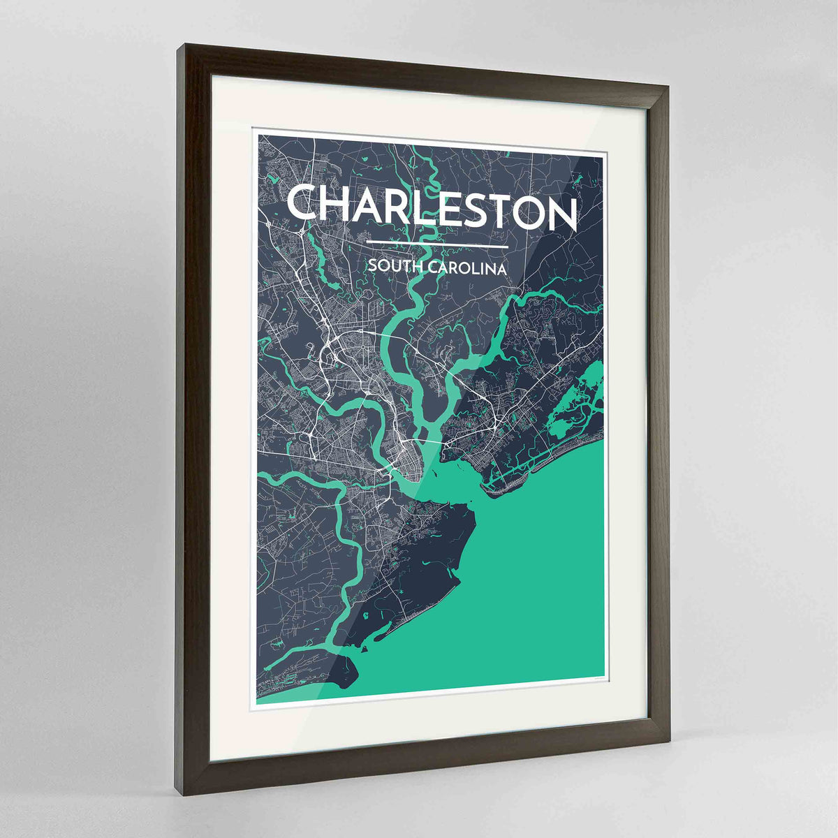 Framed Charleston Map Art Print 24x36&quot; Contemporary Walnut frame Point Two Design Group