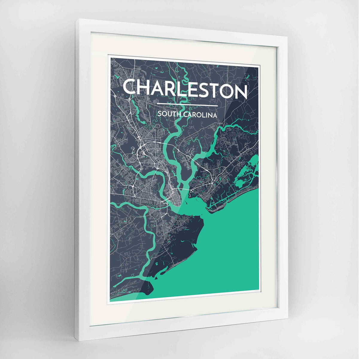 Framed Charleston Map Art Print 24x36&quot; Contemporary White frame Point Two Design Group
