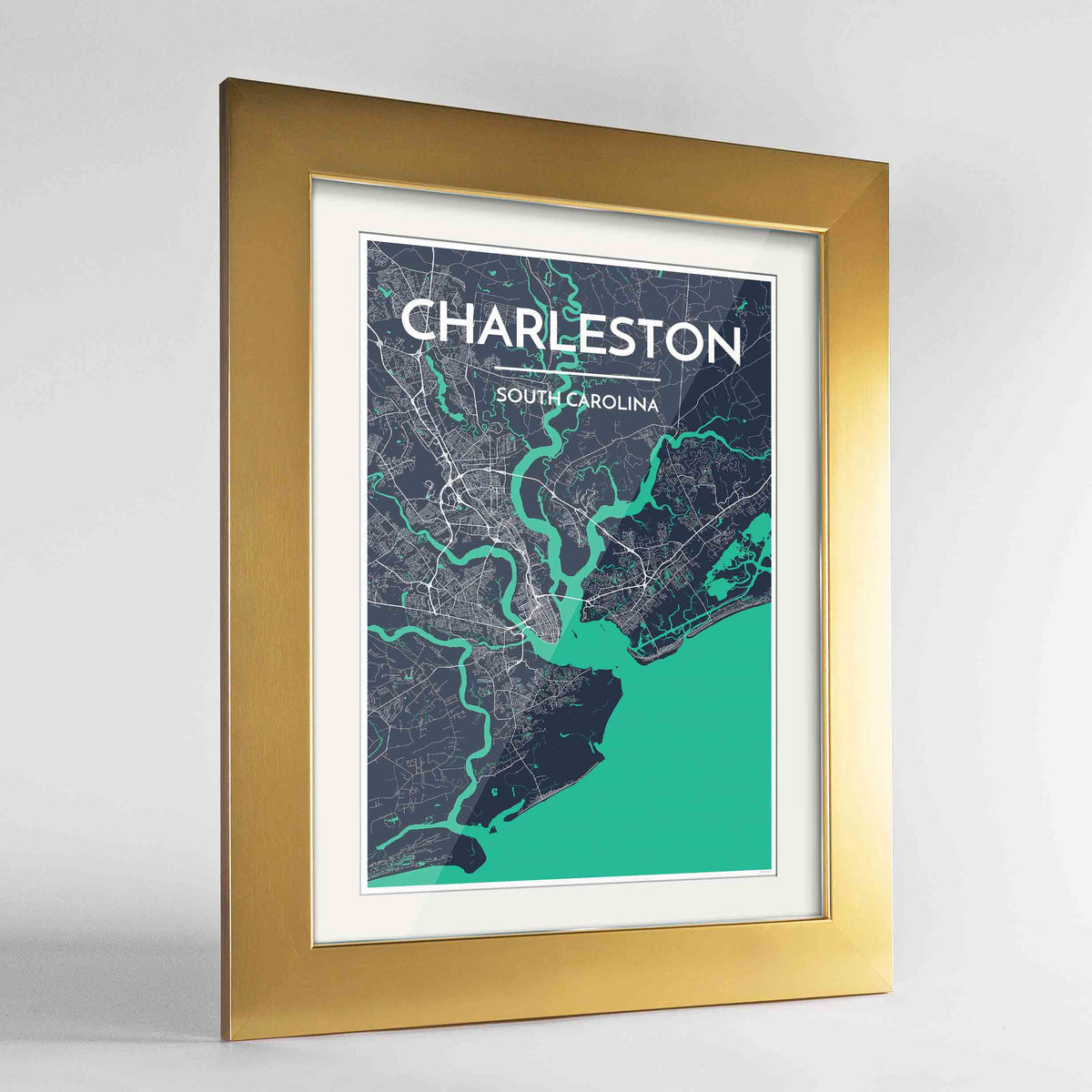Framed Charleston Map Art Print 24x36&quot; Gold frame Point Two Design Group