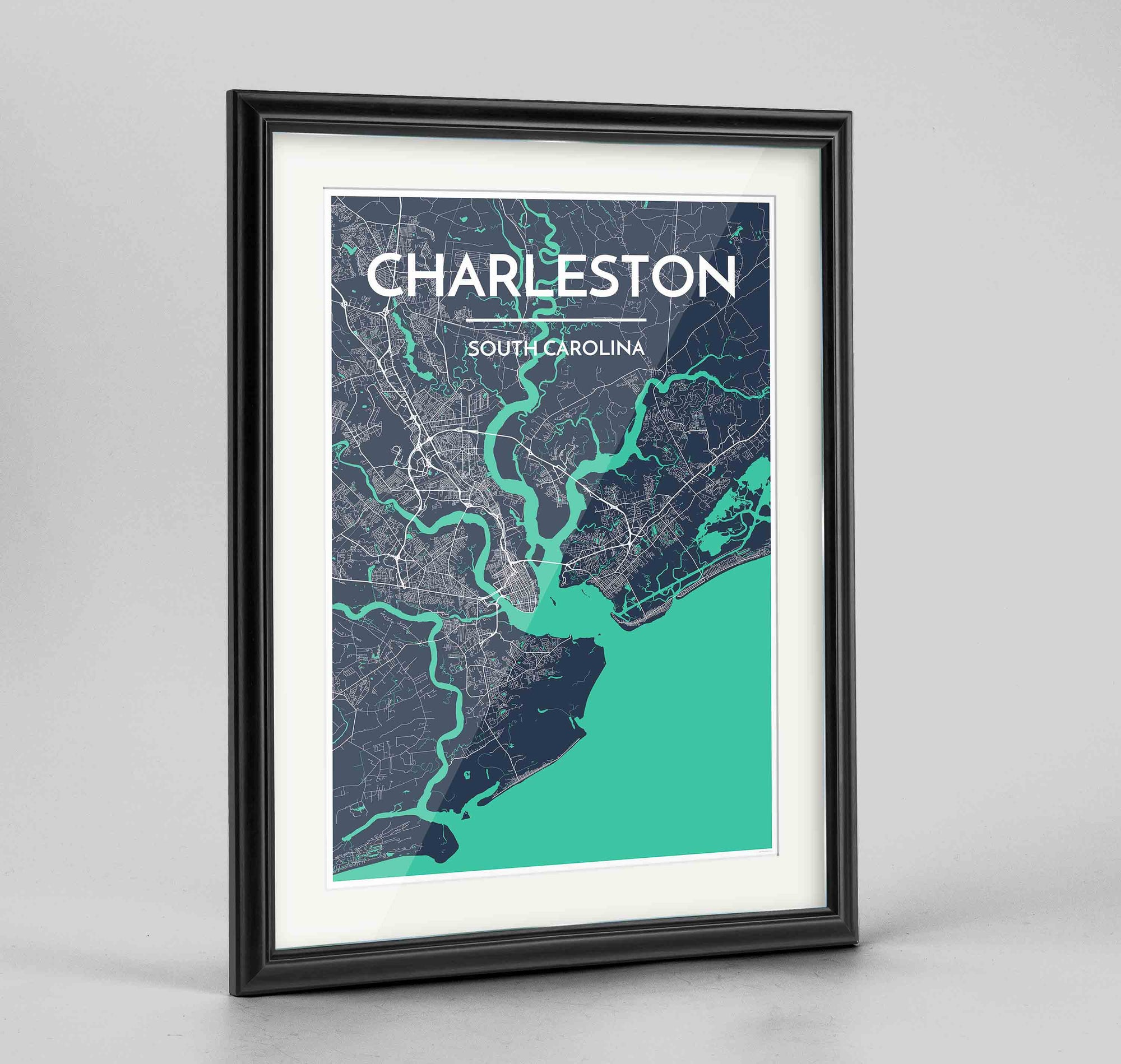 Framed Charleston Map Art Print 24x36" Traditional Black frame Point Two Design Group