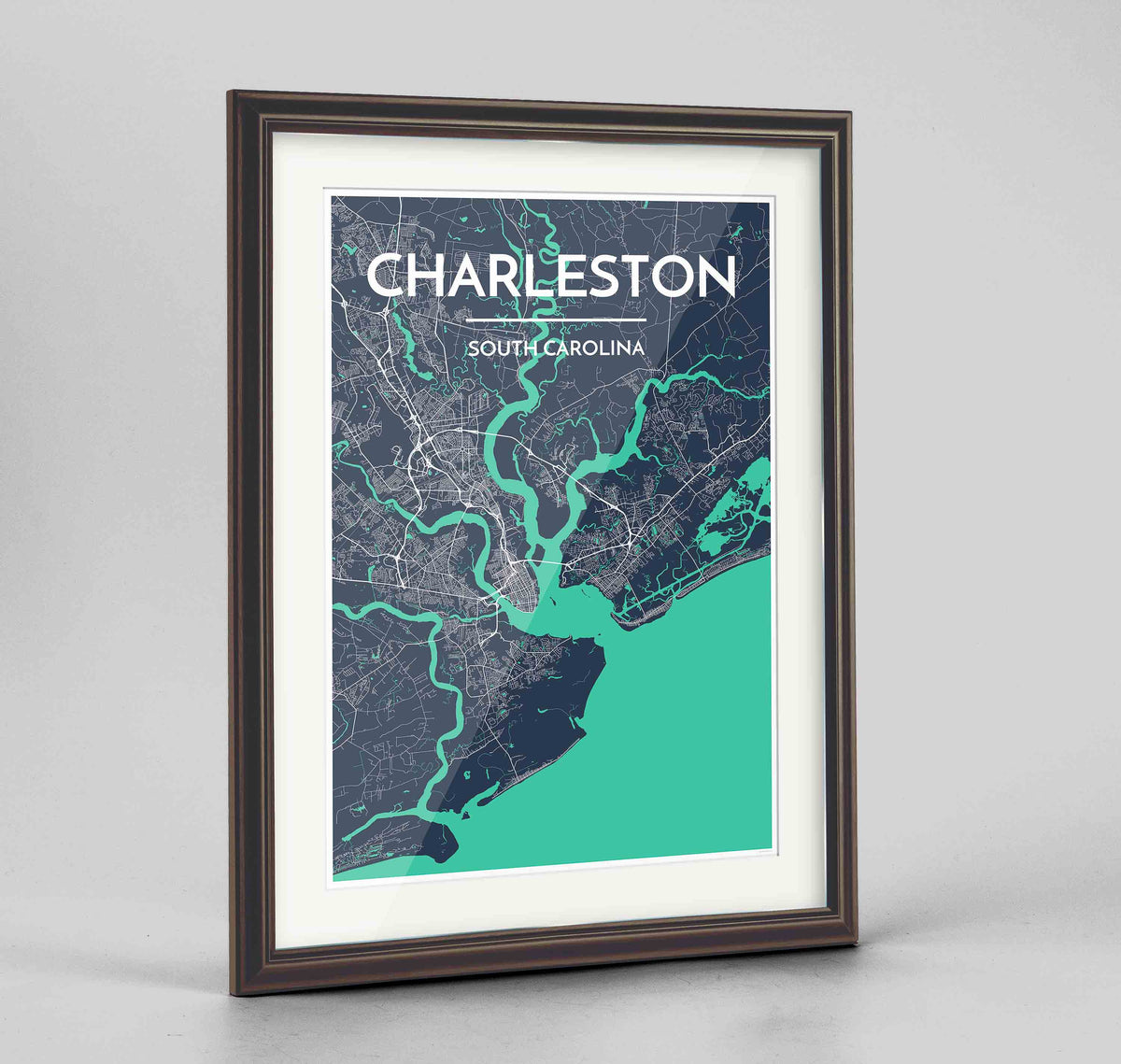 Framed Charleston Map Art Print 24x36&quot; Traditional Walnut frame Point Two Design Group