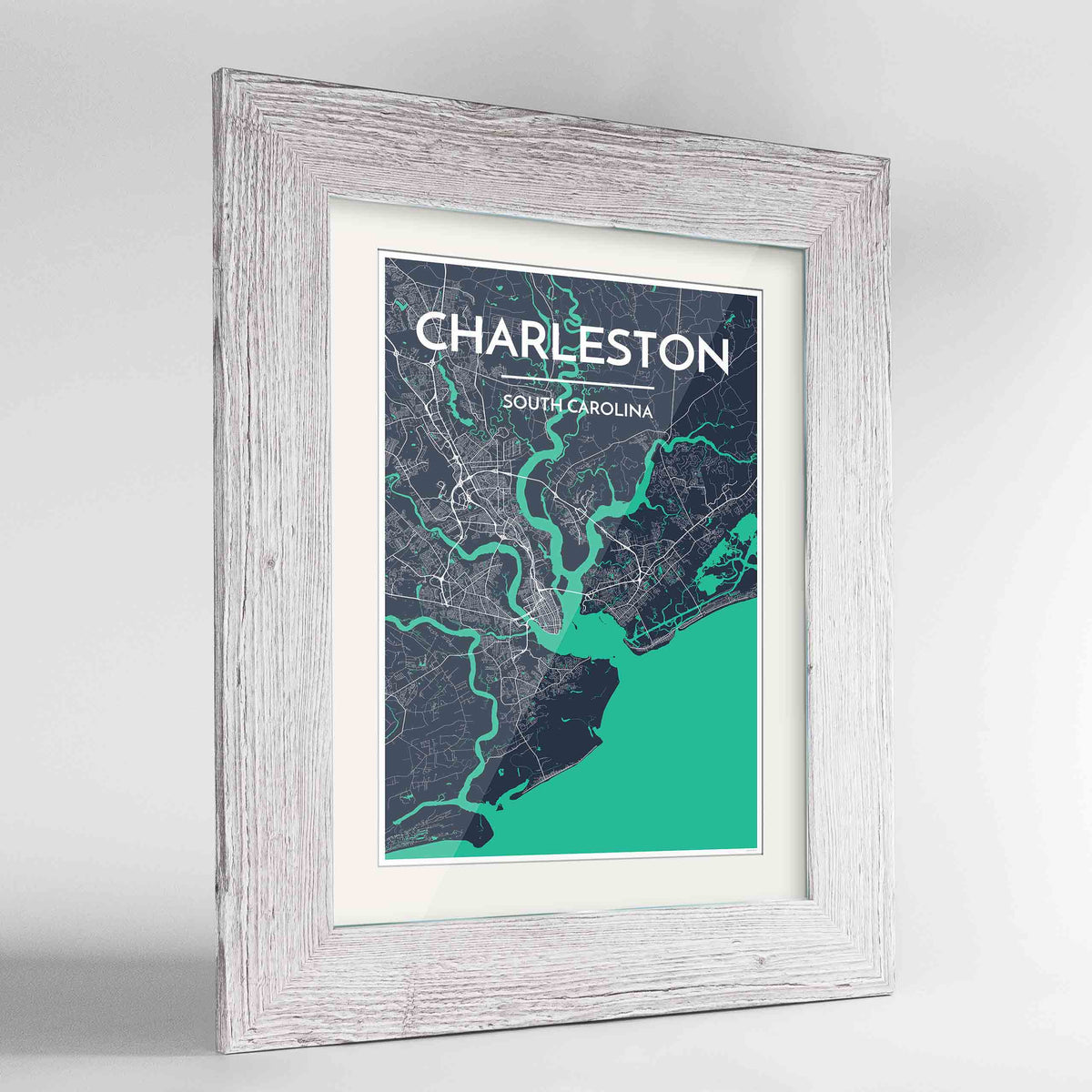Framed Charleston Map Art Print 24x36&quot; Western White frame Point Two Design Group