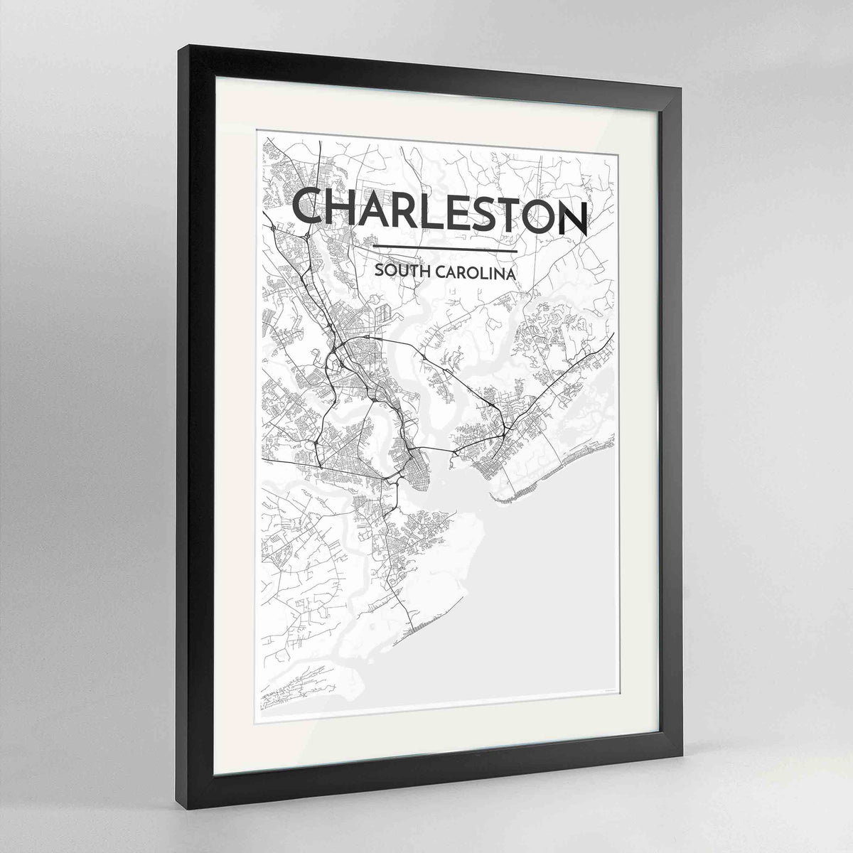 Framed Charleston Map Art Print 24x36&quot; Contemporary Black frame Point Two Design Group