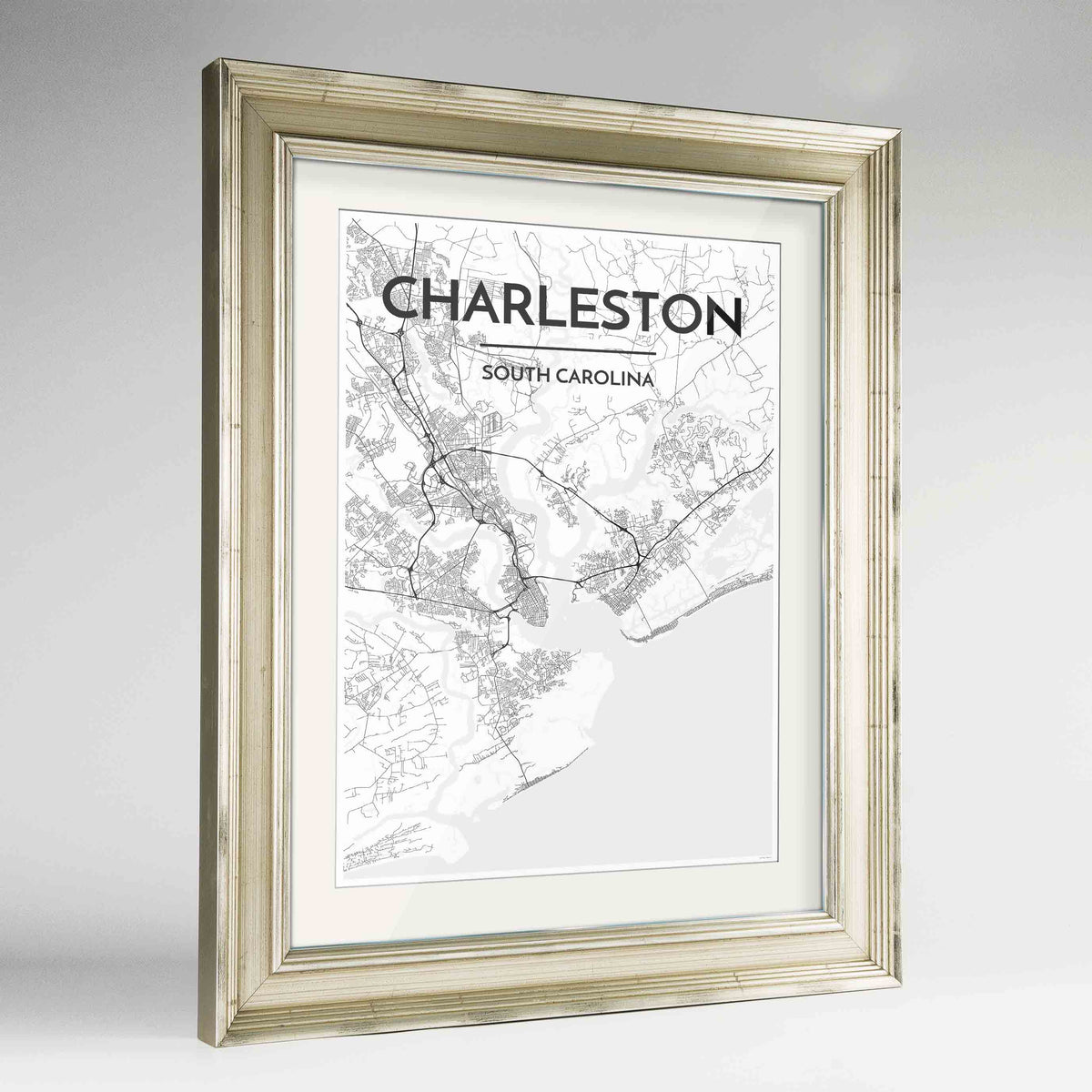 Framed Charleston Map Art Print 24x36&quot; Champagne frame Point Two Design Group