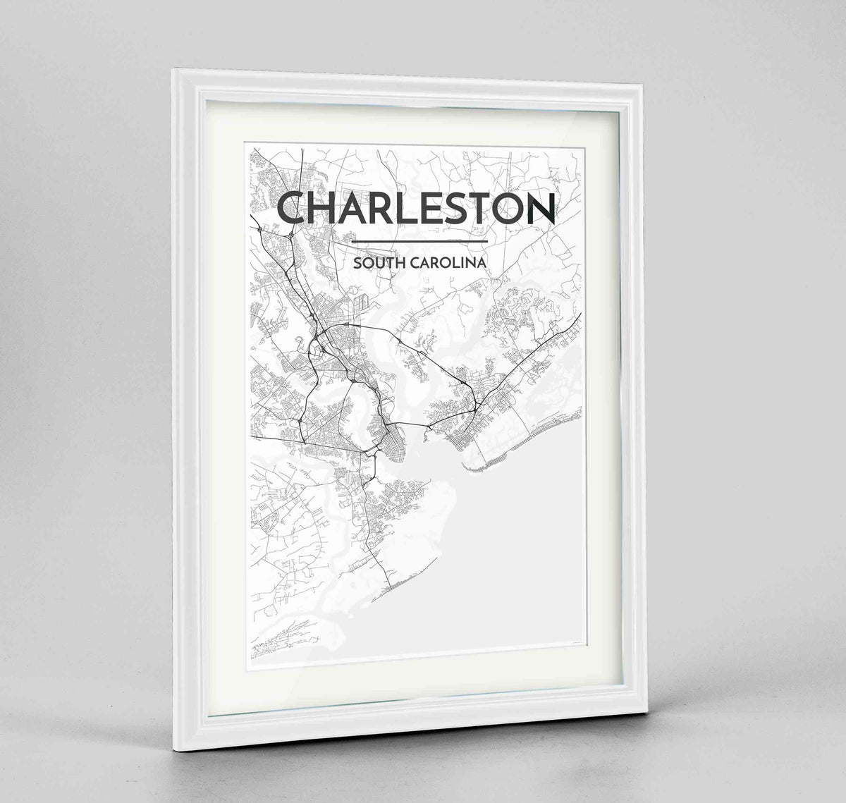 Framed Charleston Map Art Print 24x36&quot; Traditional White frame Point Two Design Group