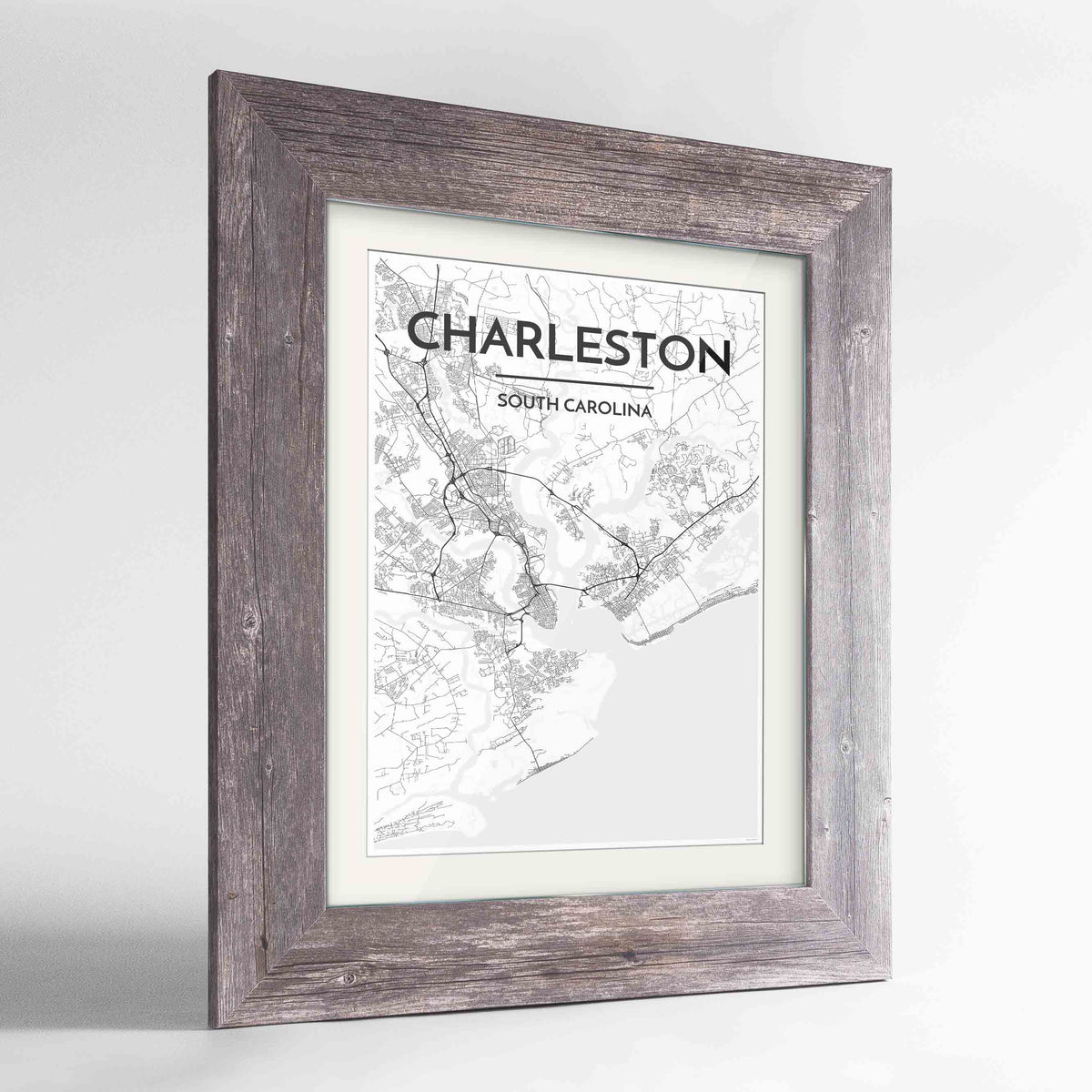 Framed Charleston Map Art Print 24x36&quot; Western Grey frame Point Two Design Group