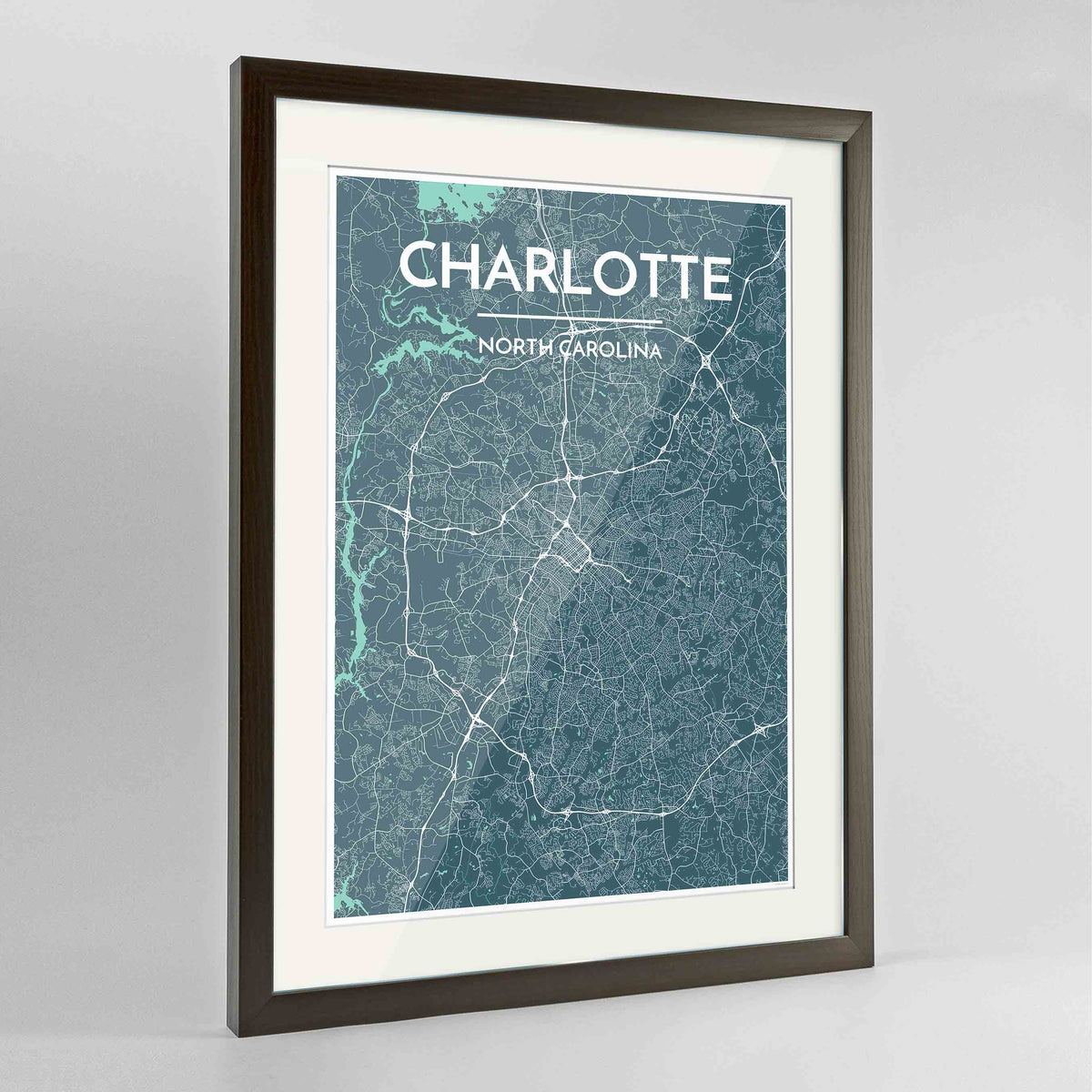 Framed Charlotte Map Art Print 24x36&quot; Contemporary Walnut frame Point Two Design Group