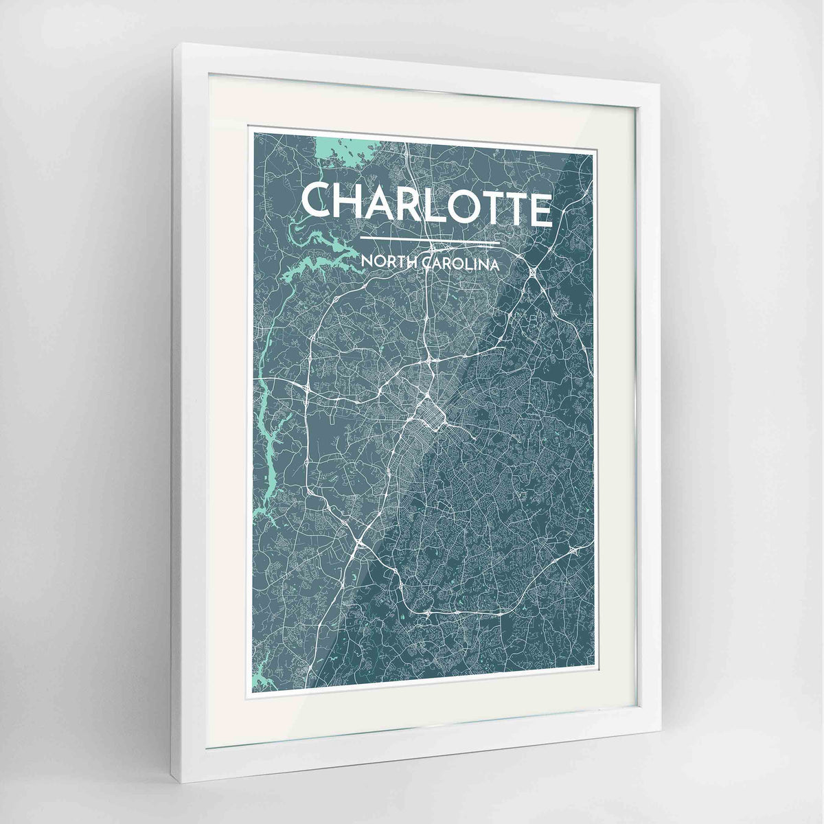Framed Charlotte Map Art Print 24x36&quot; Contemporary White frame Point Two Design Group
