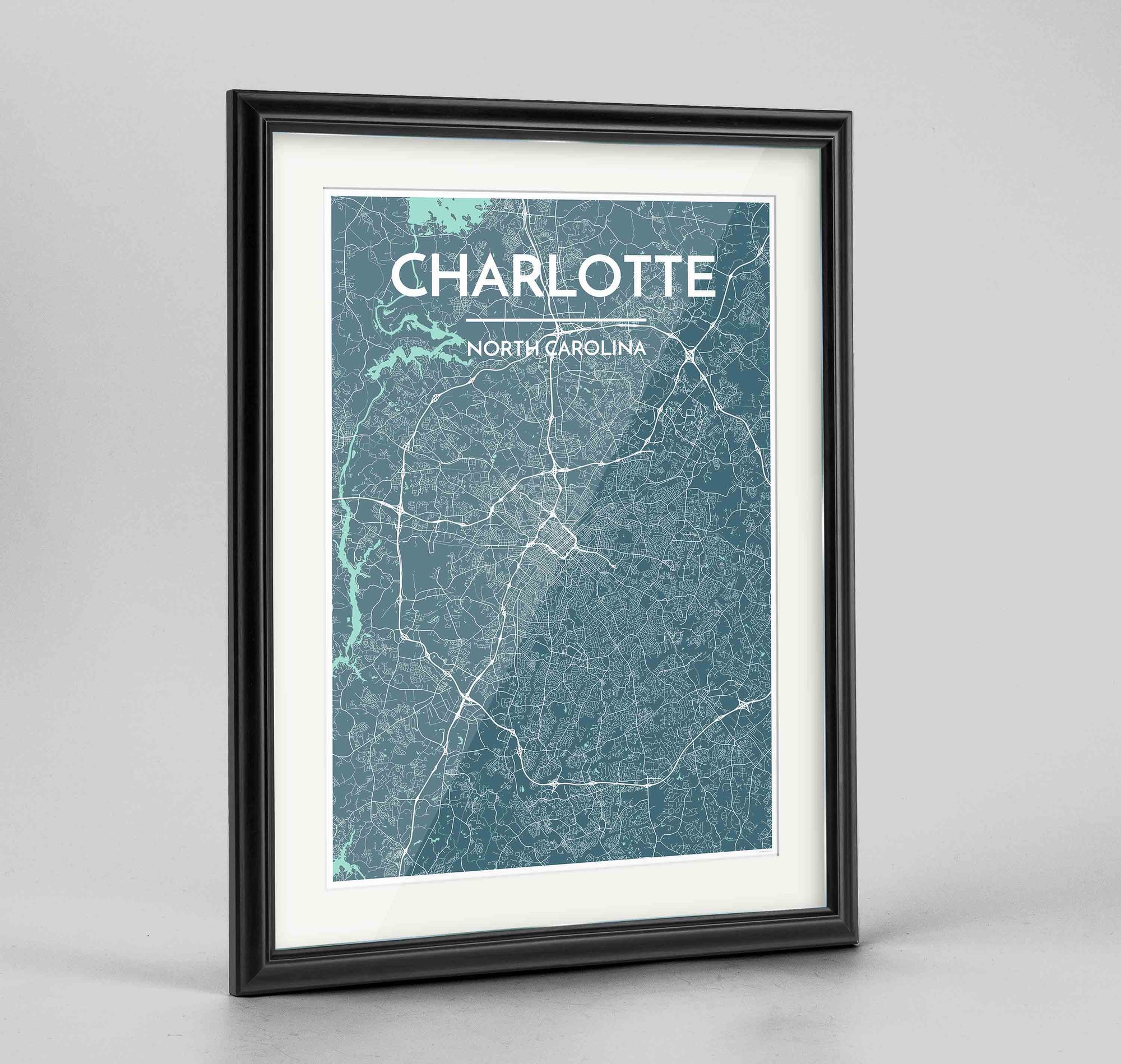 Framed Charlotte Map Art Print 24x36" Traditional Black frame Point Two Design Group