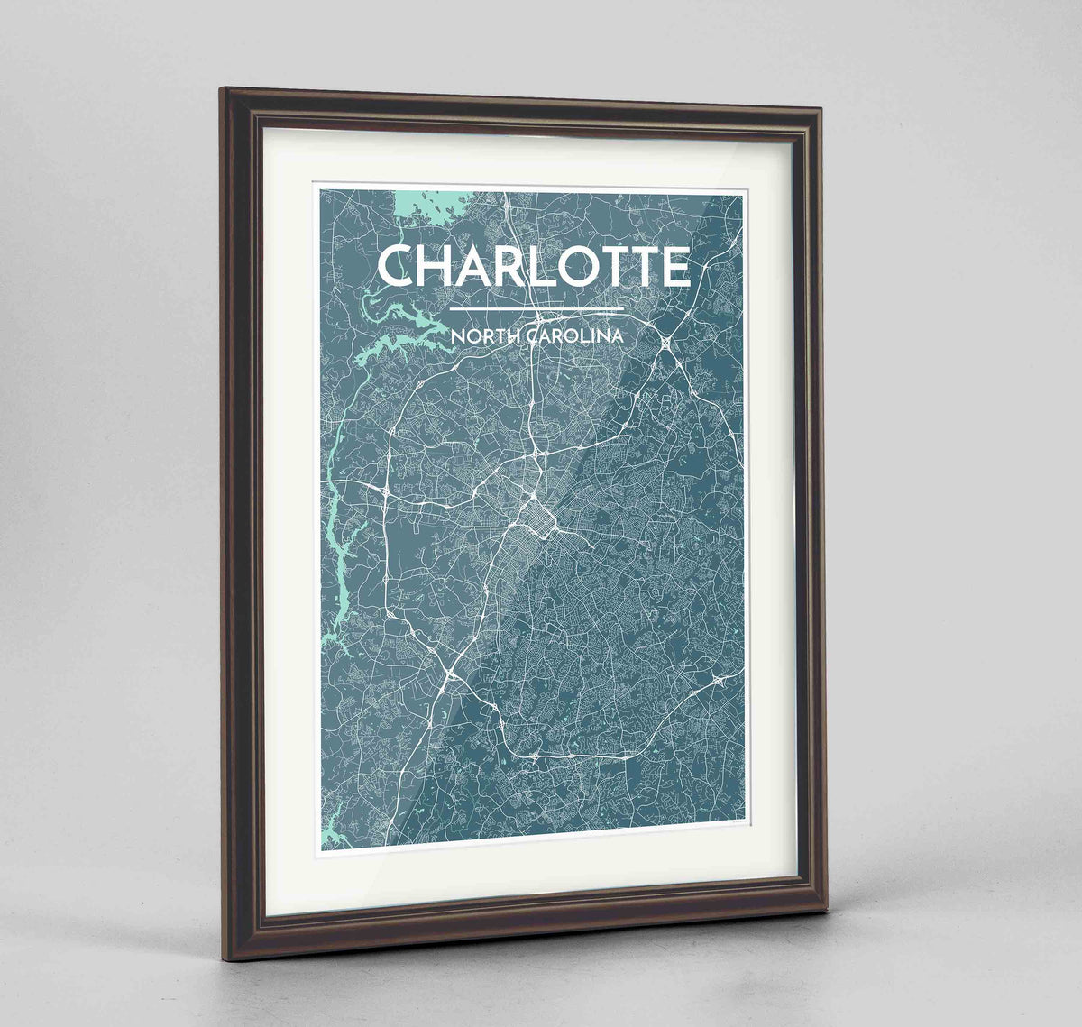 Framed Charlotte Map Art Print 24x36&quot; Traditional Walnut frame Point Two Design Group