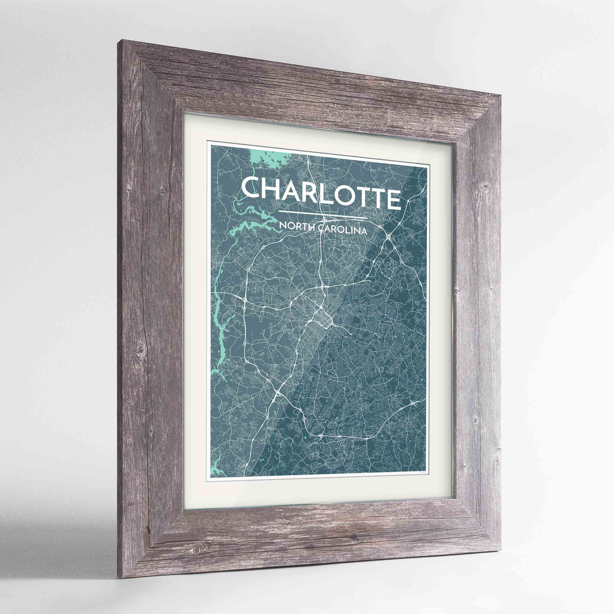 Framed Charlotte Map Art Print 24x36&quot; Western Grey frame Point Two Design Group