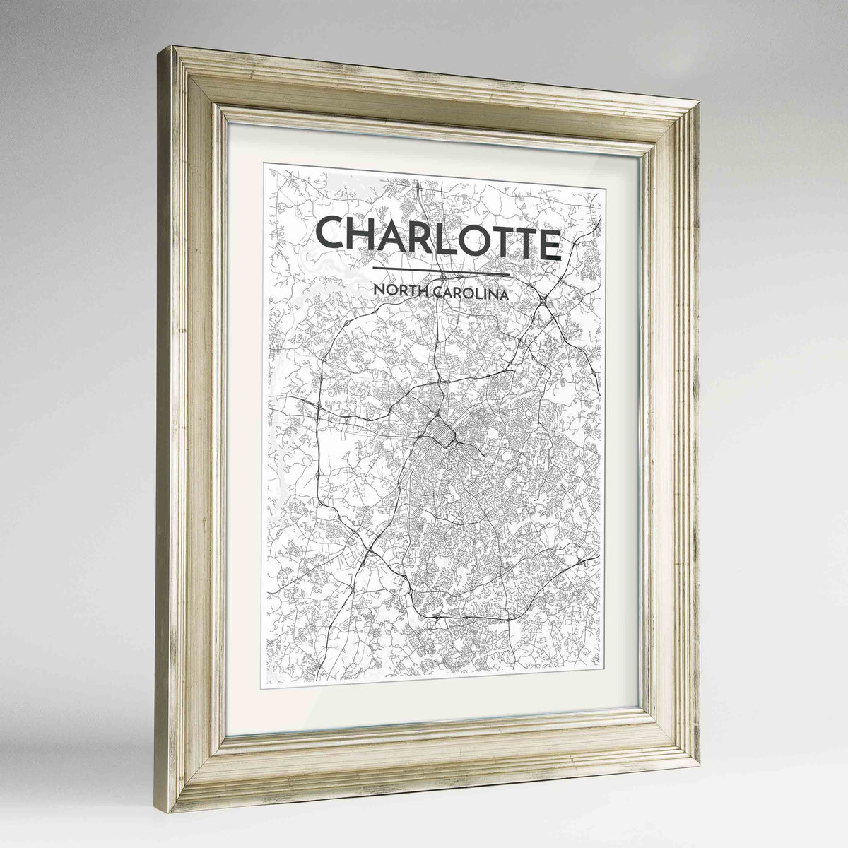 Framed Charlotte Map Art Print 24x36&quot; Champagne frame Point Two Design Group