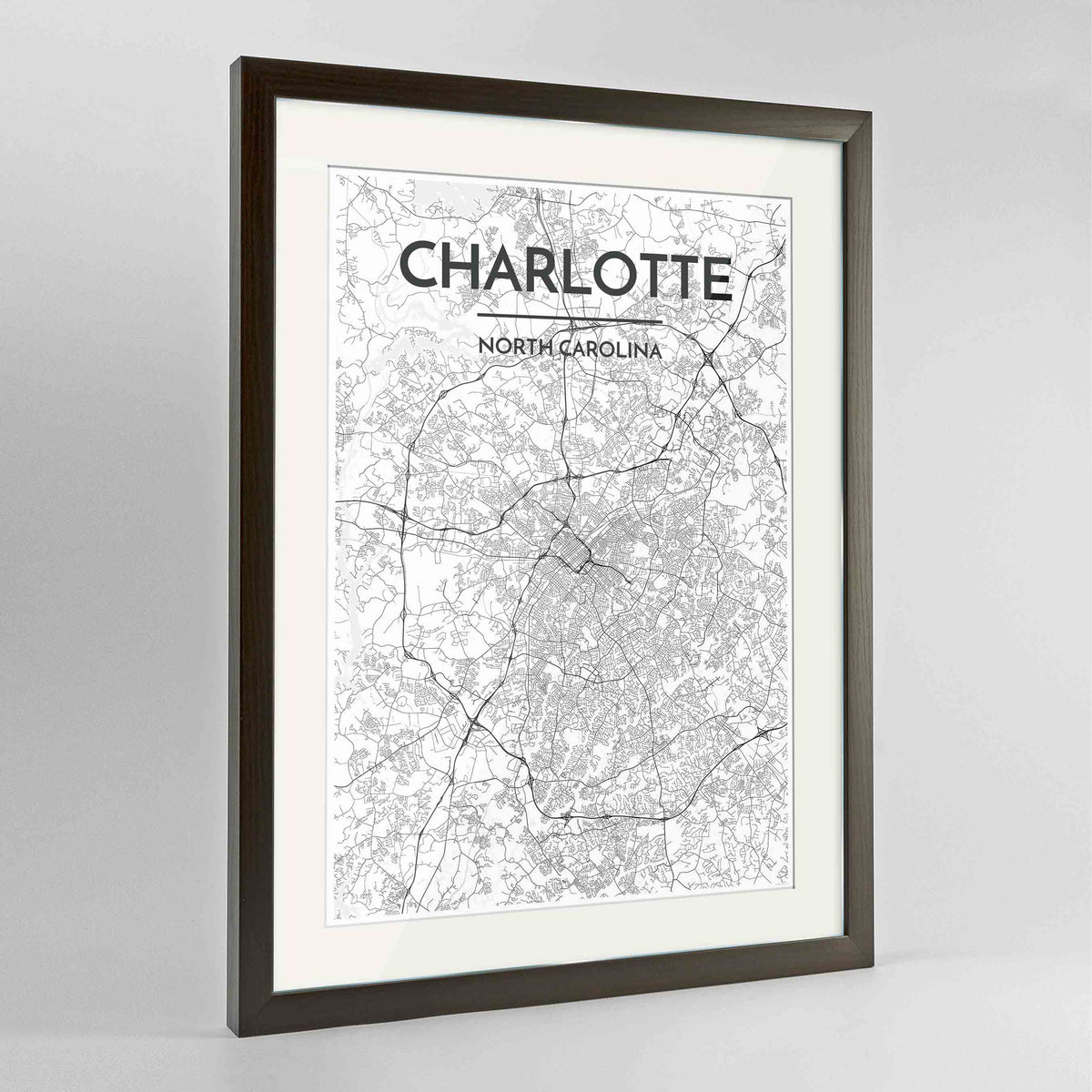 Framed Charlotte Map Art Print 24x36&quot; Contemporary Walnut frame Point Two Design Group
