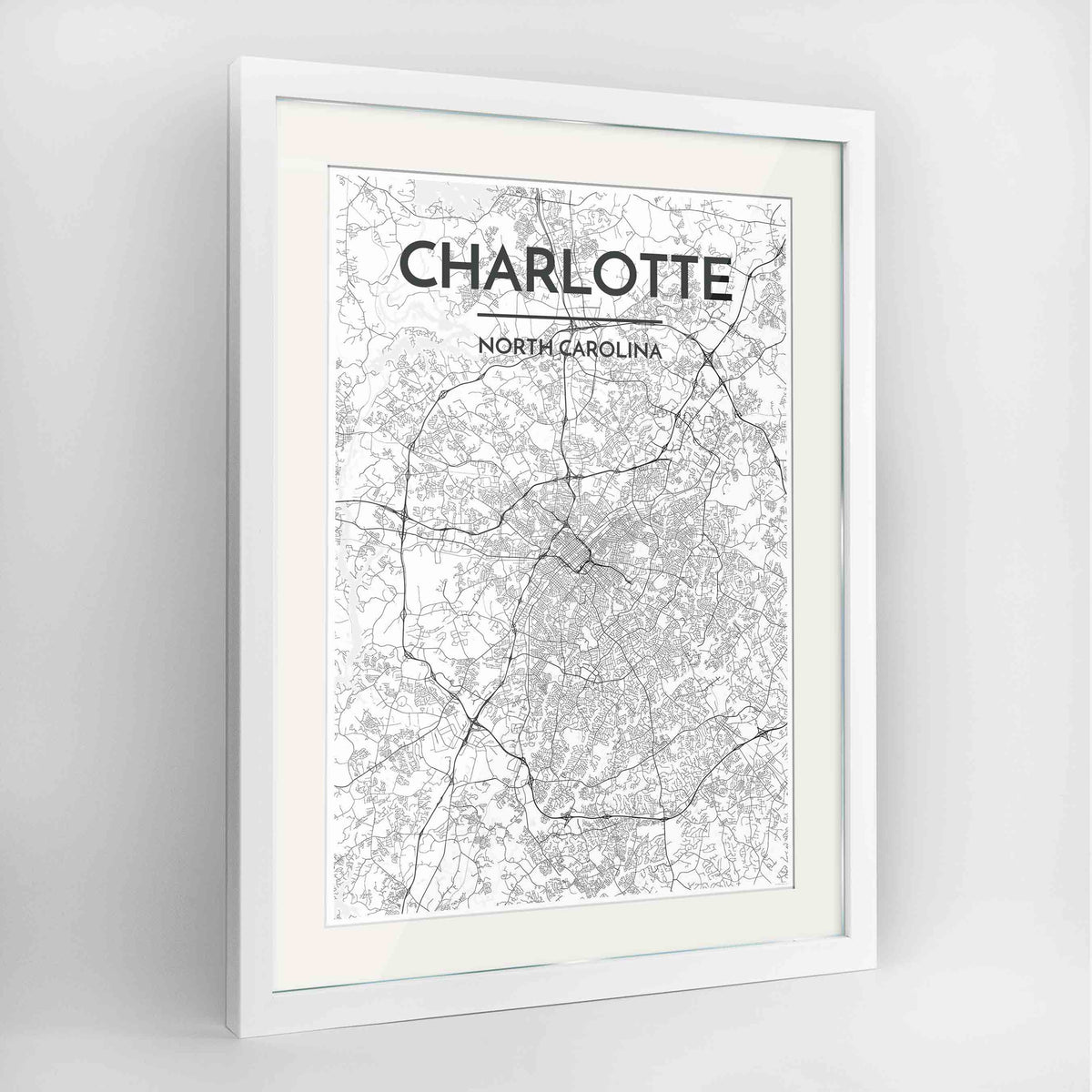 Framed Charlotte Map Art Print 24x36&quot; Contemporary White frame Point Two Design Group