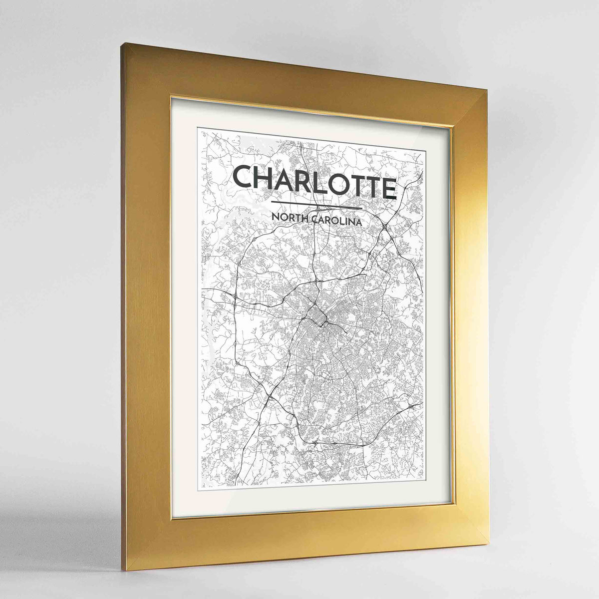 Framed Charlotte Map Art Print 24x36&quot; Gold frame Point Two Design Group