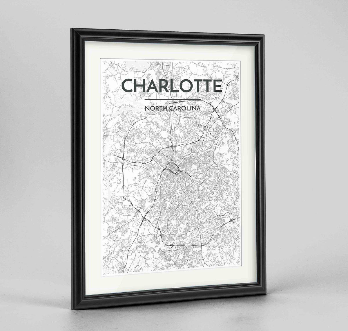 Framed Charlotte Map Art Print 24x36&quot; Traditional Black frame Point Two Design Group