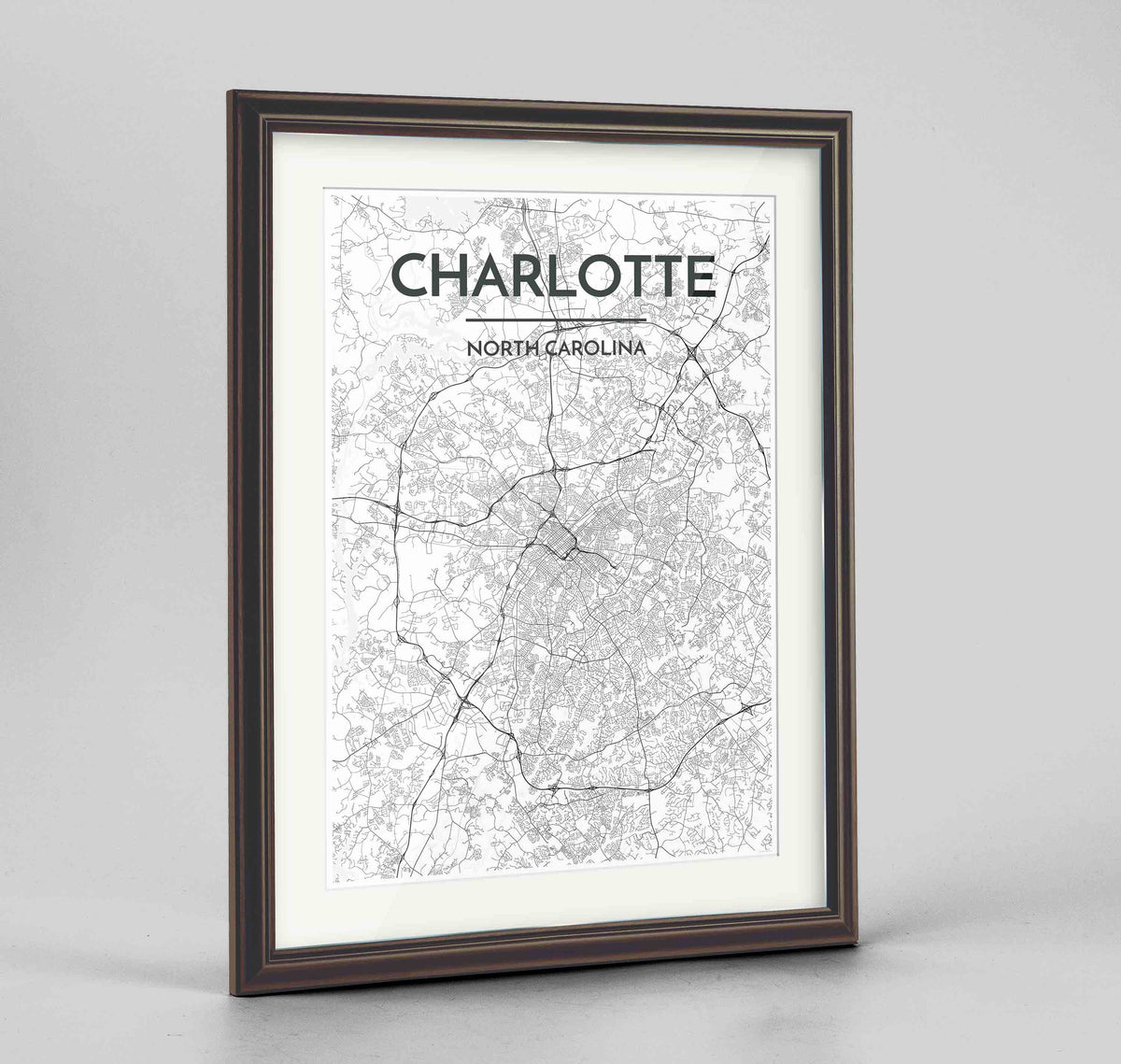 Framed Charlotte Map Art Print 24x36&quot; Traditional Walnut frame Point Two Design Group