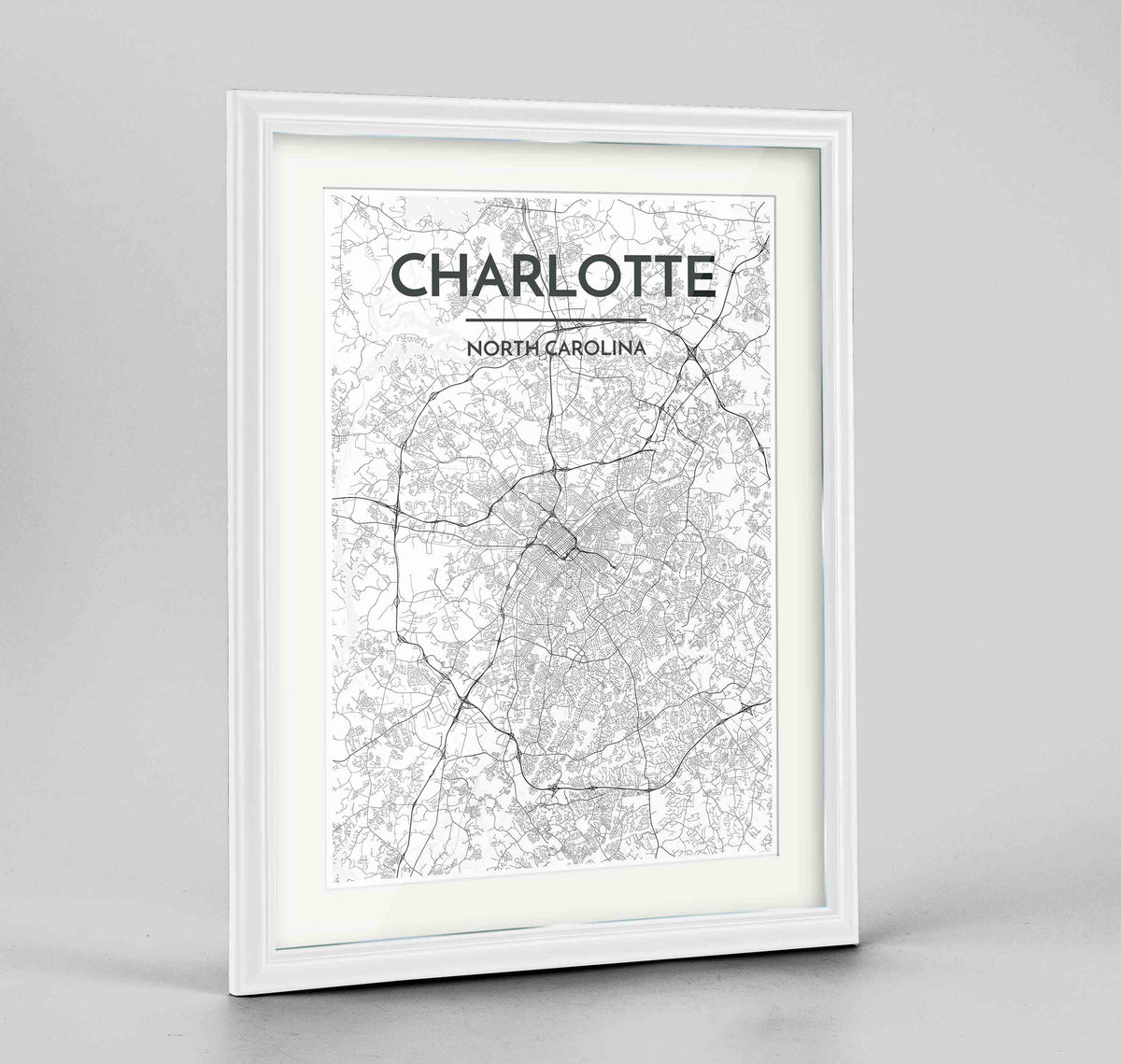 Framed Charlotte Map Art Print 24x36&quot; Traditional White frame Point Two Design Group