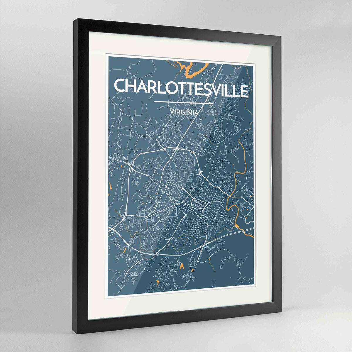 Framed Charlottesville Map Art Print 24x36&quot; Contemporary Black frame Point Two Design Group